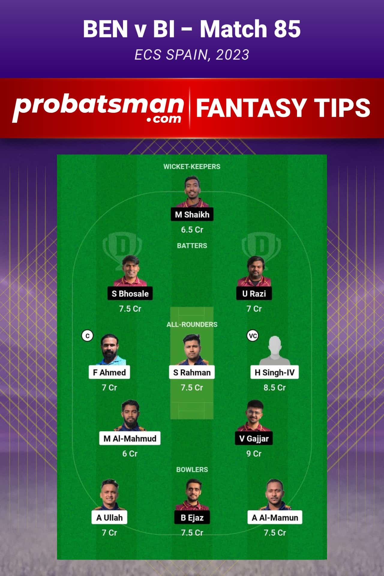 BEN vs BI Dream11 Prediction - Fantasy Team 1