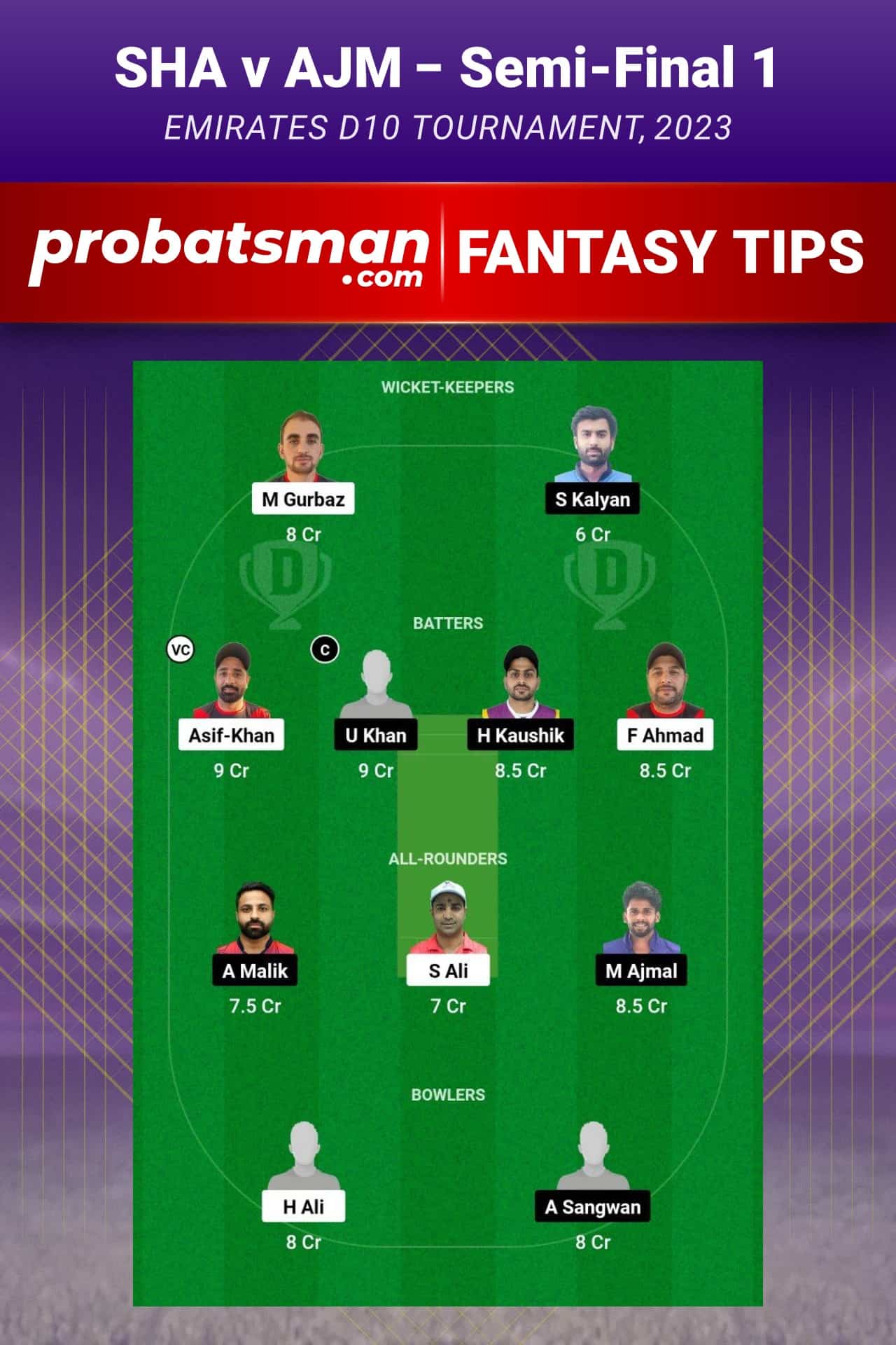 SHA vs AJM Dream11 Prediction - Fantasy Team 1