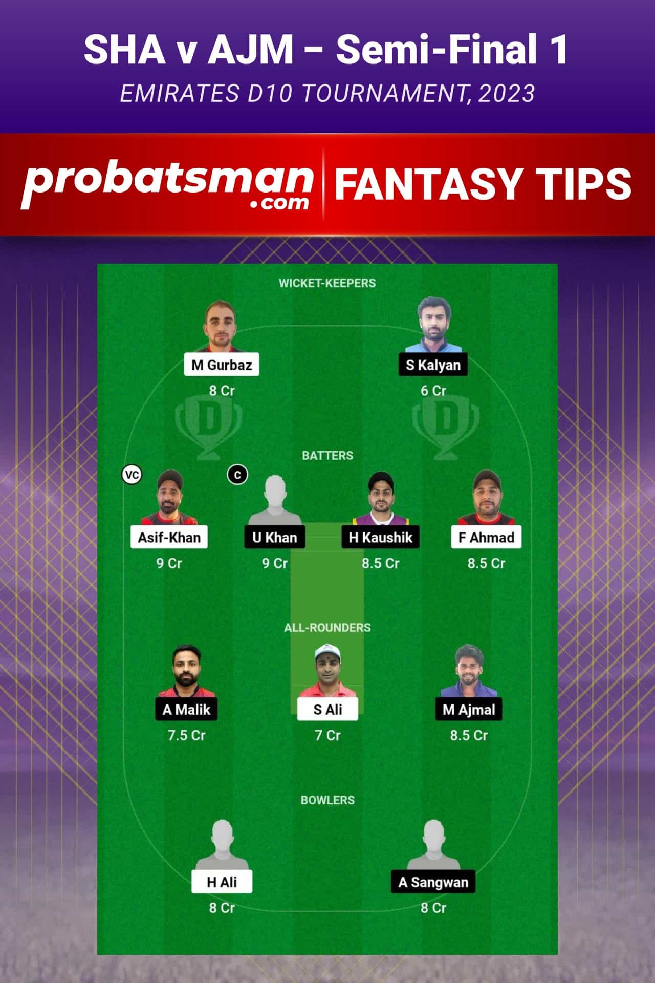 SHA vs AJM Dream11 Prediction - Fantasy Team 1