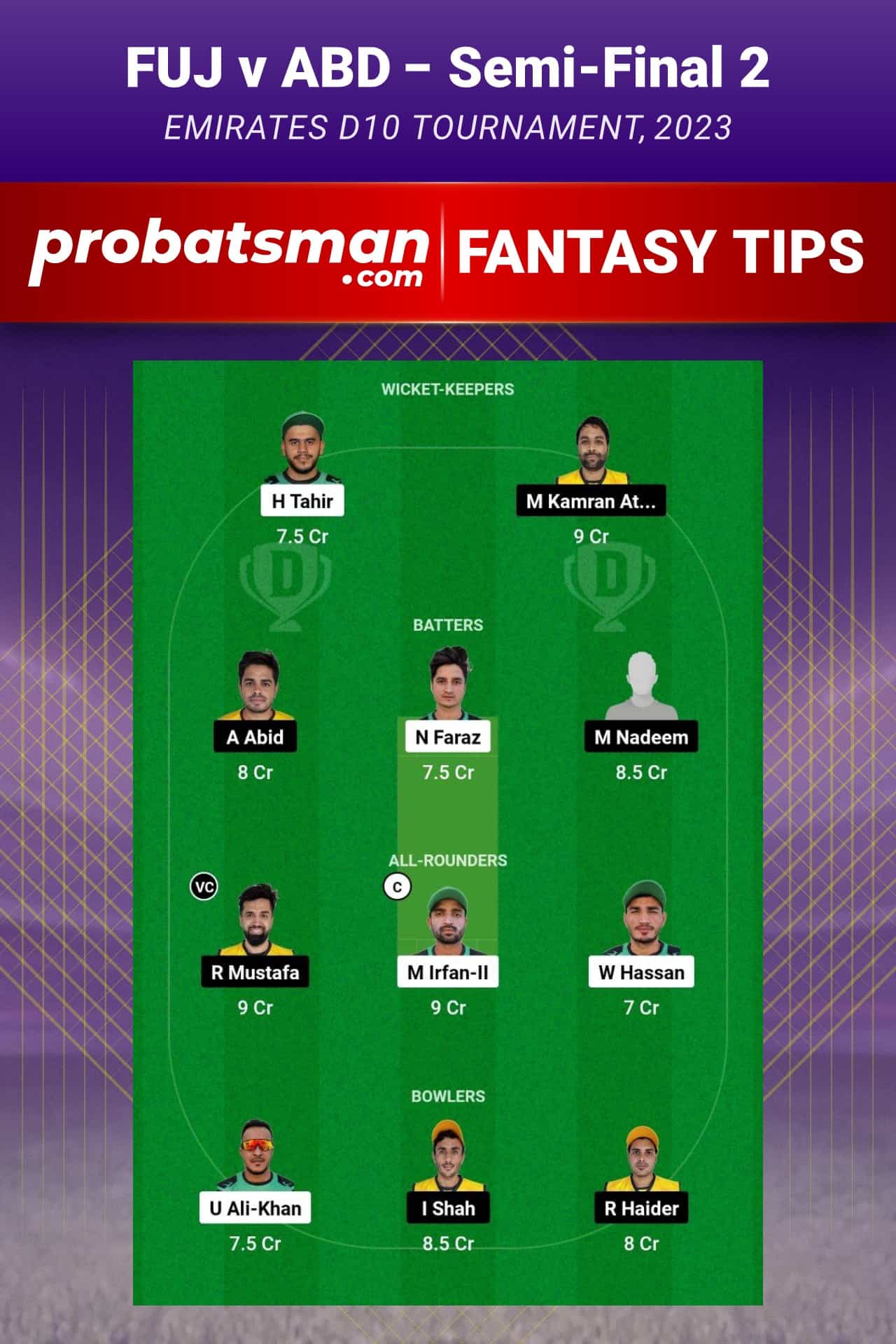 FUJ vs ABD Dream11 Prediction - Fantasy Team 1