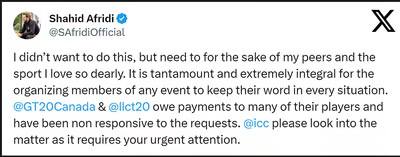Shahid Afridi Tweet About Non Payment to Cricketers