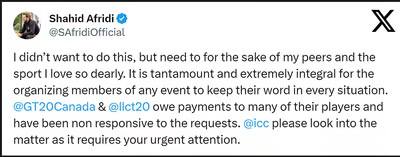 Shahid Afridi Tweet About Non Payment to Cricketers