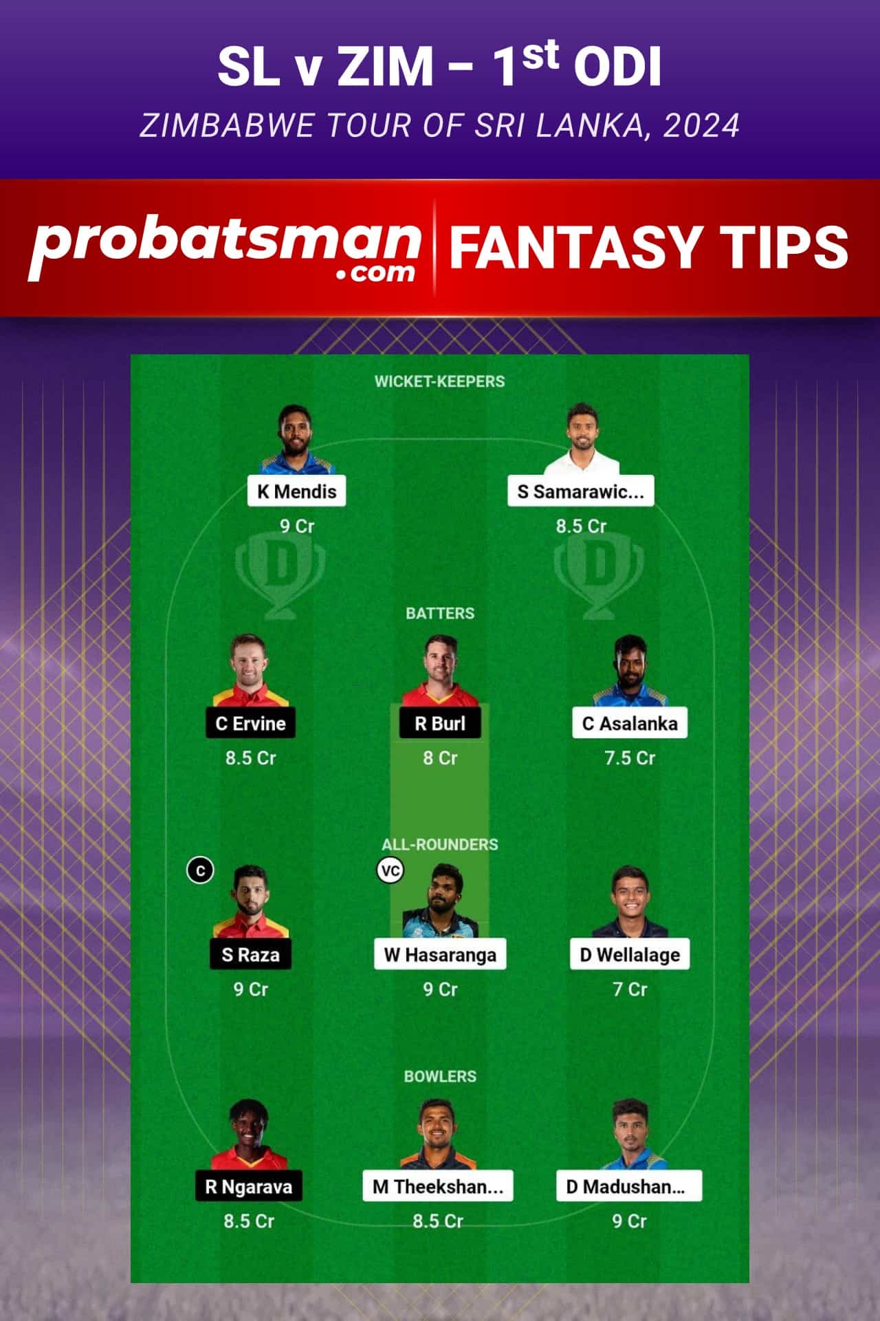 SL vs ZIM Dream11 Prediction - Fantasy Team 1