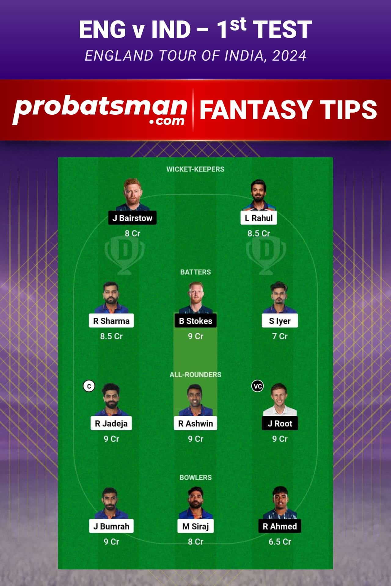 1st Test - IND vs ENG Dream11 Prediction Fantasy Team 1 - England tour of India, 2024