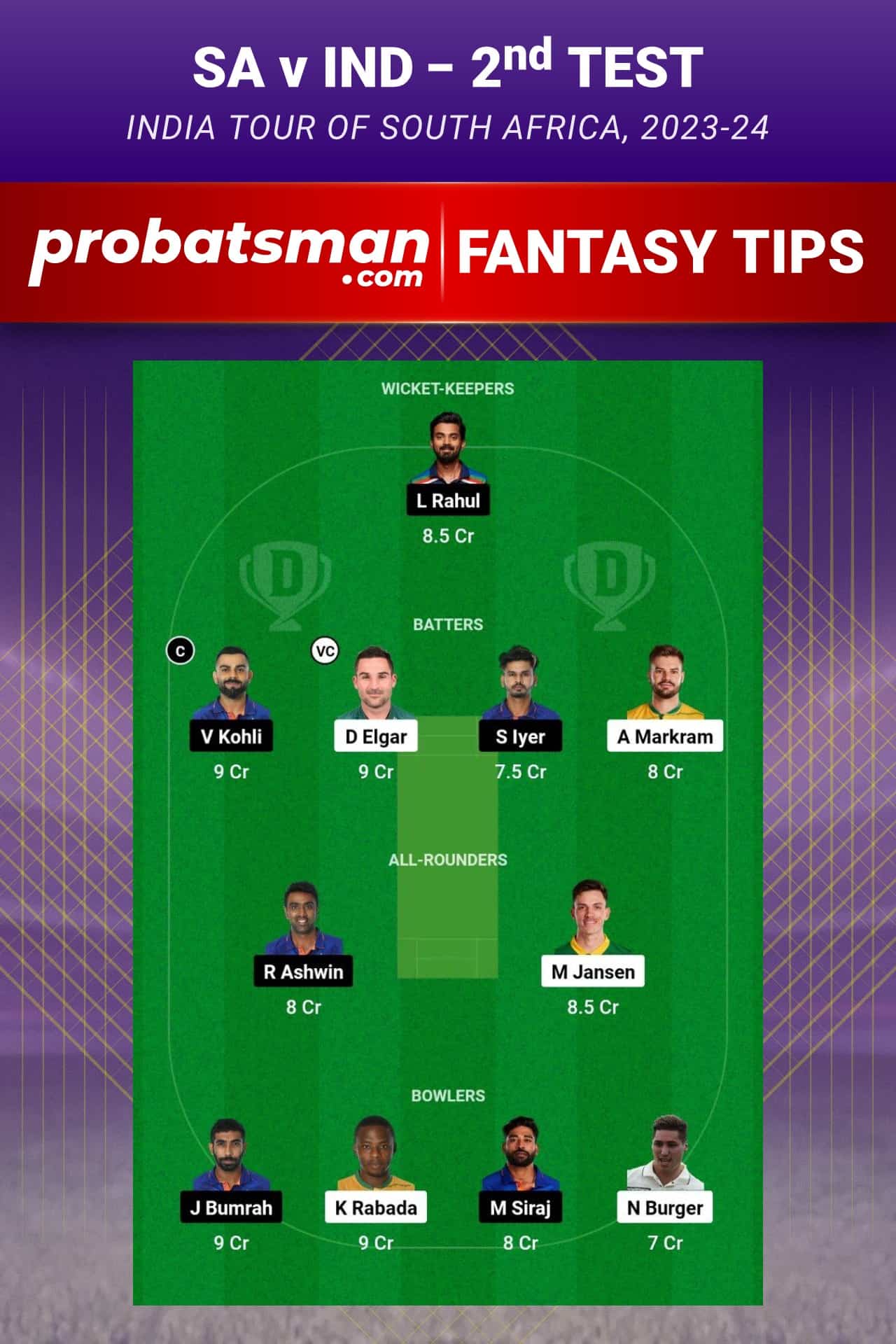 SA vs IND Dream11 Prediction - Fantasy Team 1