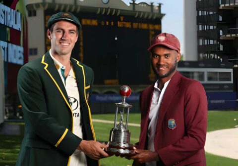 Australian Captain Pat Cummins with West Indies Captain Kraig Braithwaite