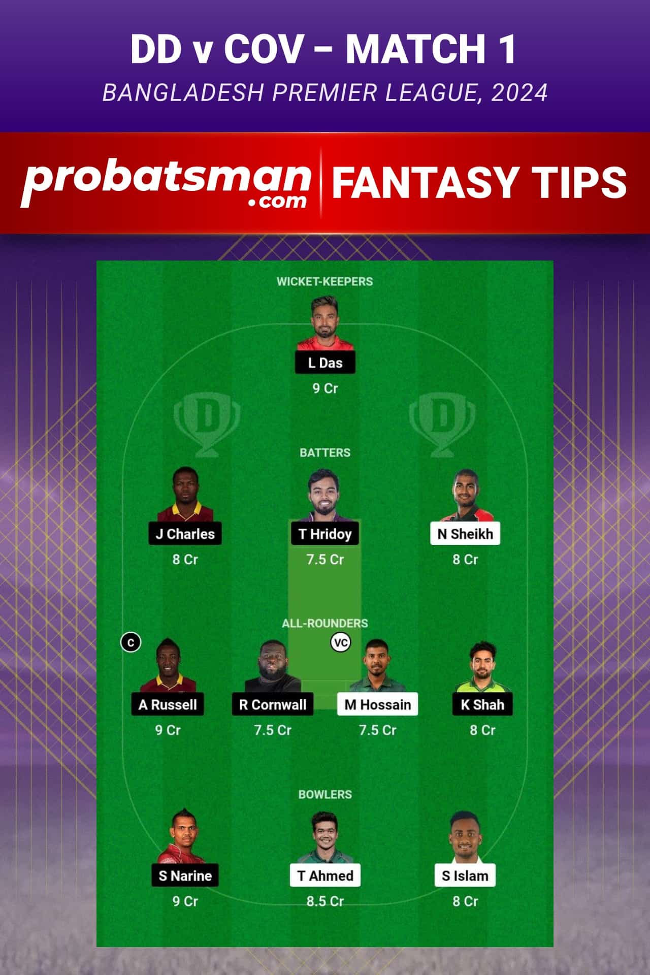 DD vs COV Dream11 Prediction - Fantasy Team 1