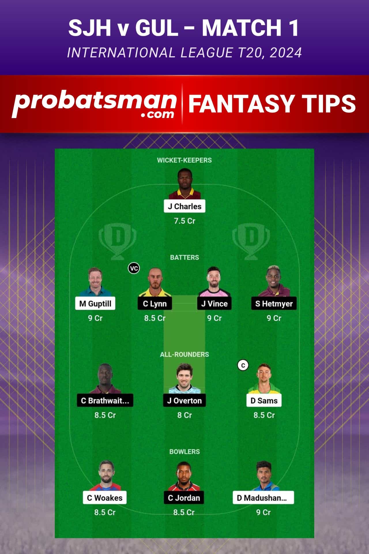 SJH vs GUL Dream11 Prediction - Fantasy Team 2