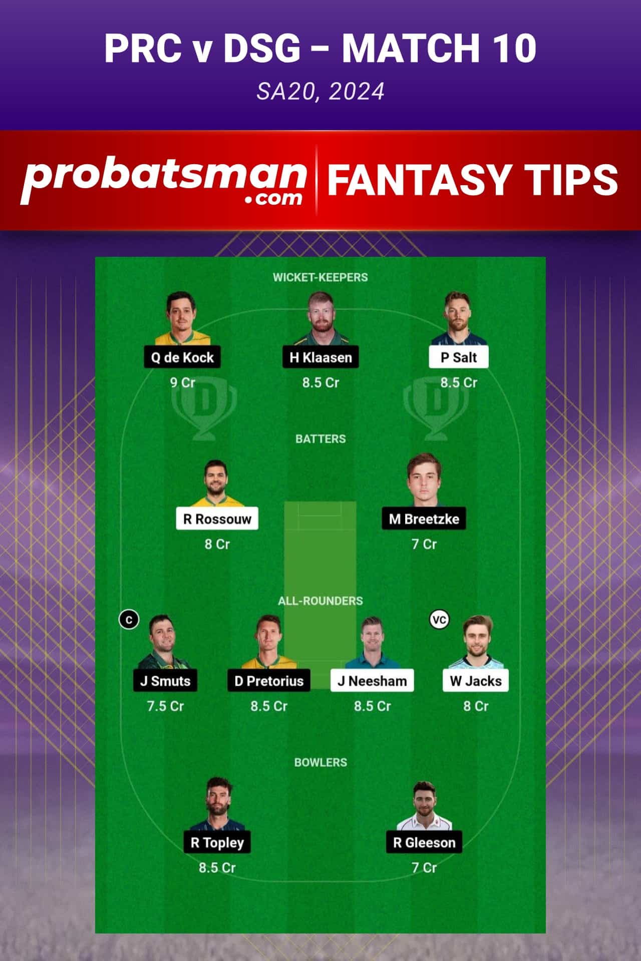 PRC vs DSG Dream11 Prediction - Fantasy Team 1