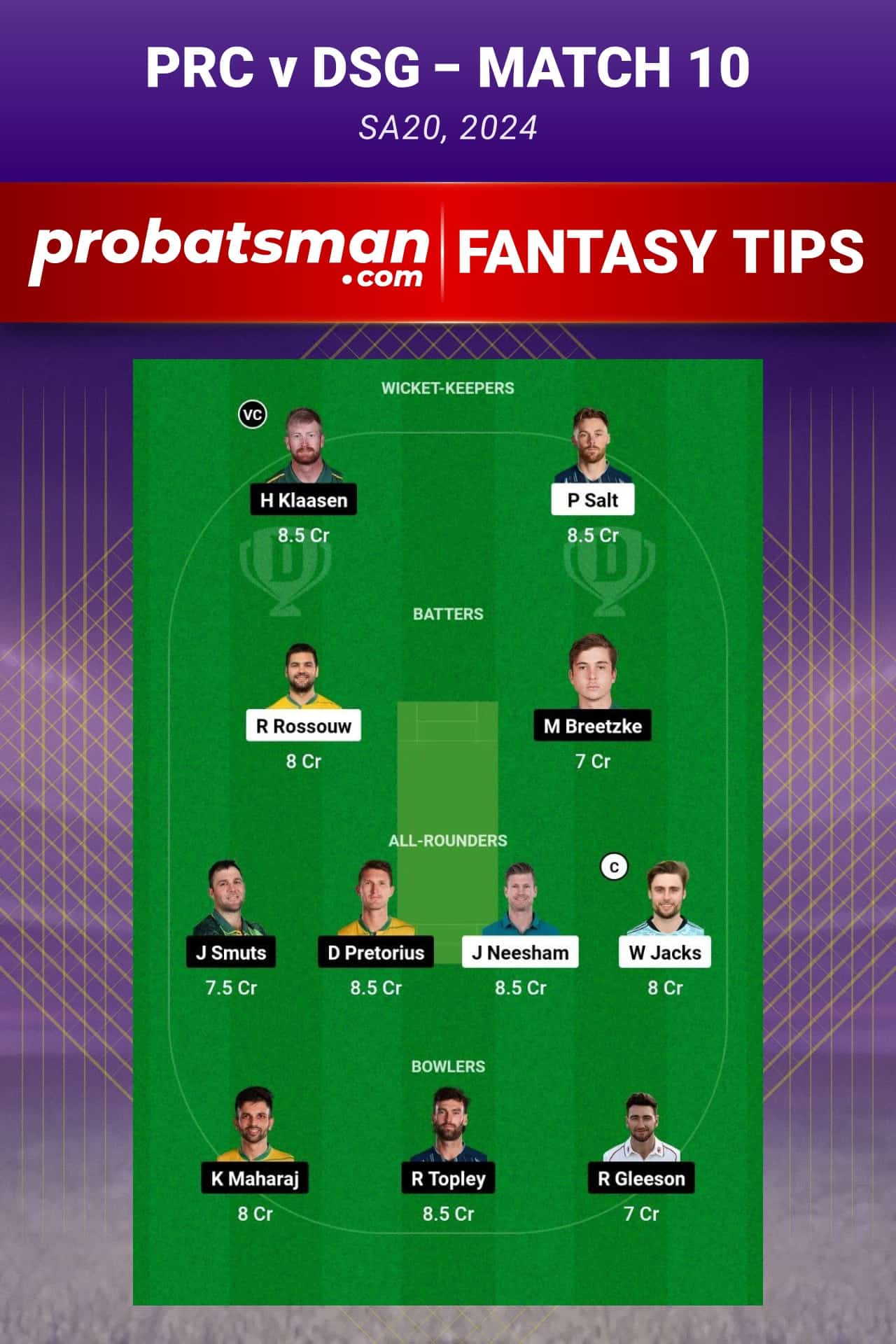 PRC vs DSG Dream11 Prediction - Fantasy Team 1