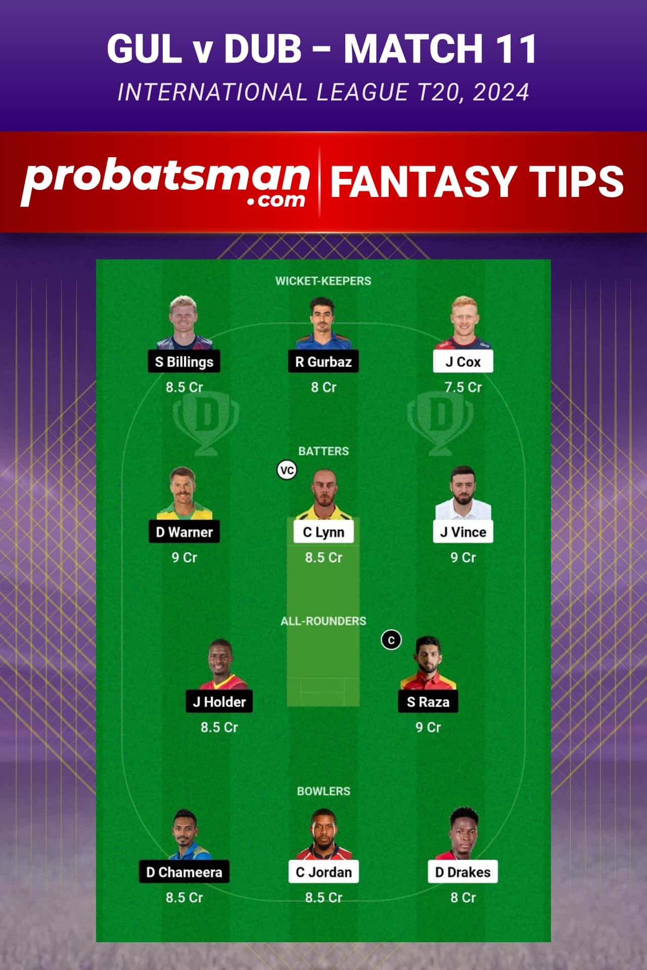 GUL vs DUB Dream11 Prediction - Fantasy Team 1