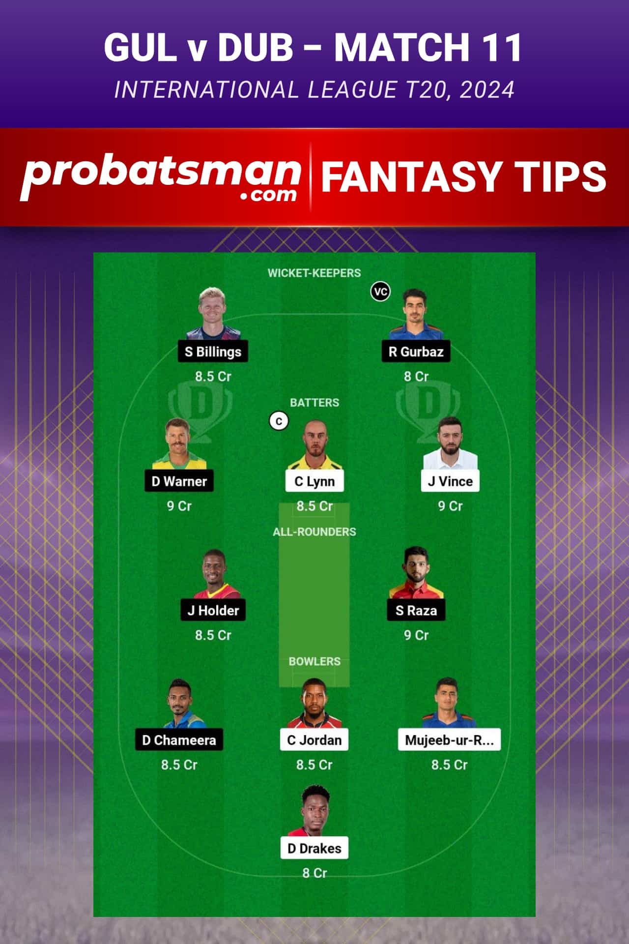 GUL vs DUB Dream11 Prediction - Fantasy Team 2