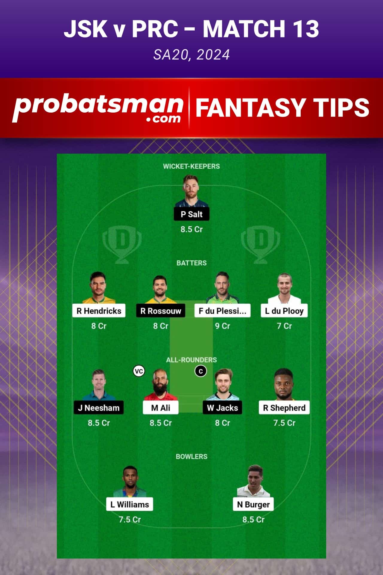 JSK vs PRC Dream11 Prediction - Fantasy Team 1