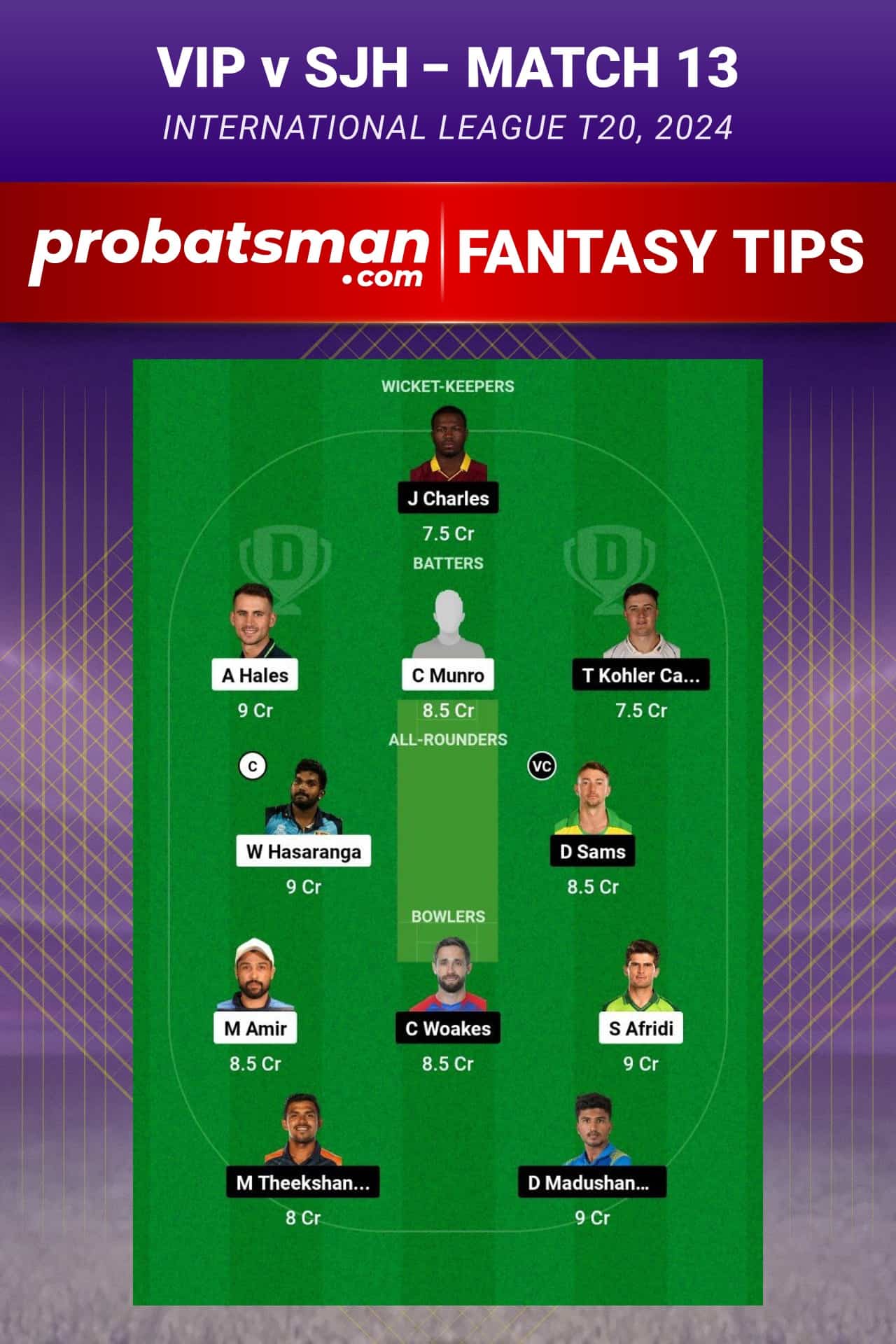 VIP vs SJH Dream11 Prediction - Fantasy Team 1