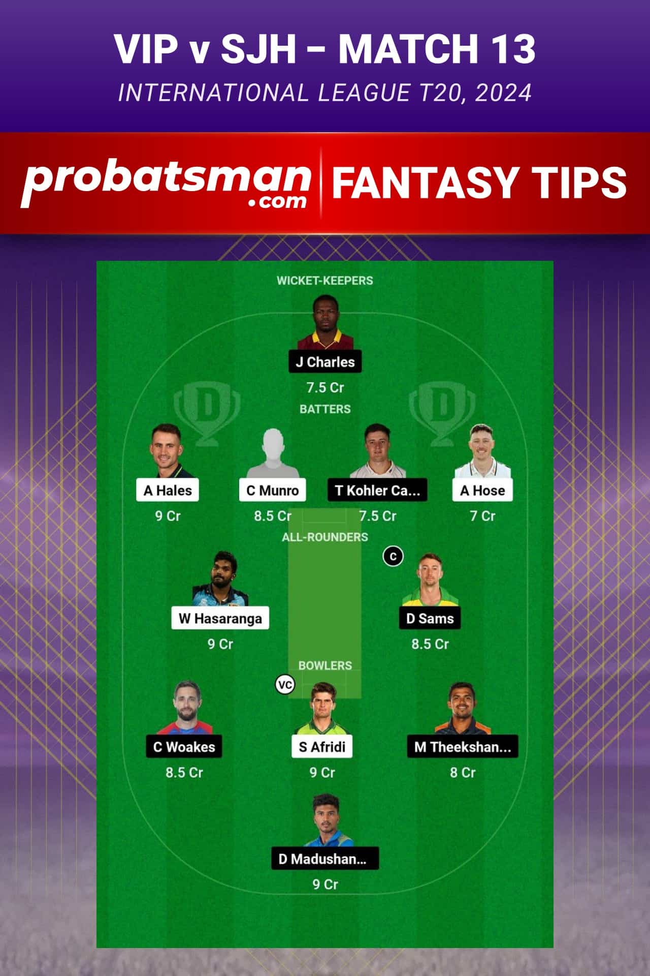 VIP vs SJH Dream11 Prediction - Fantasy Team 2