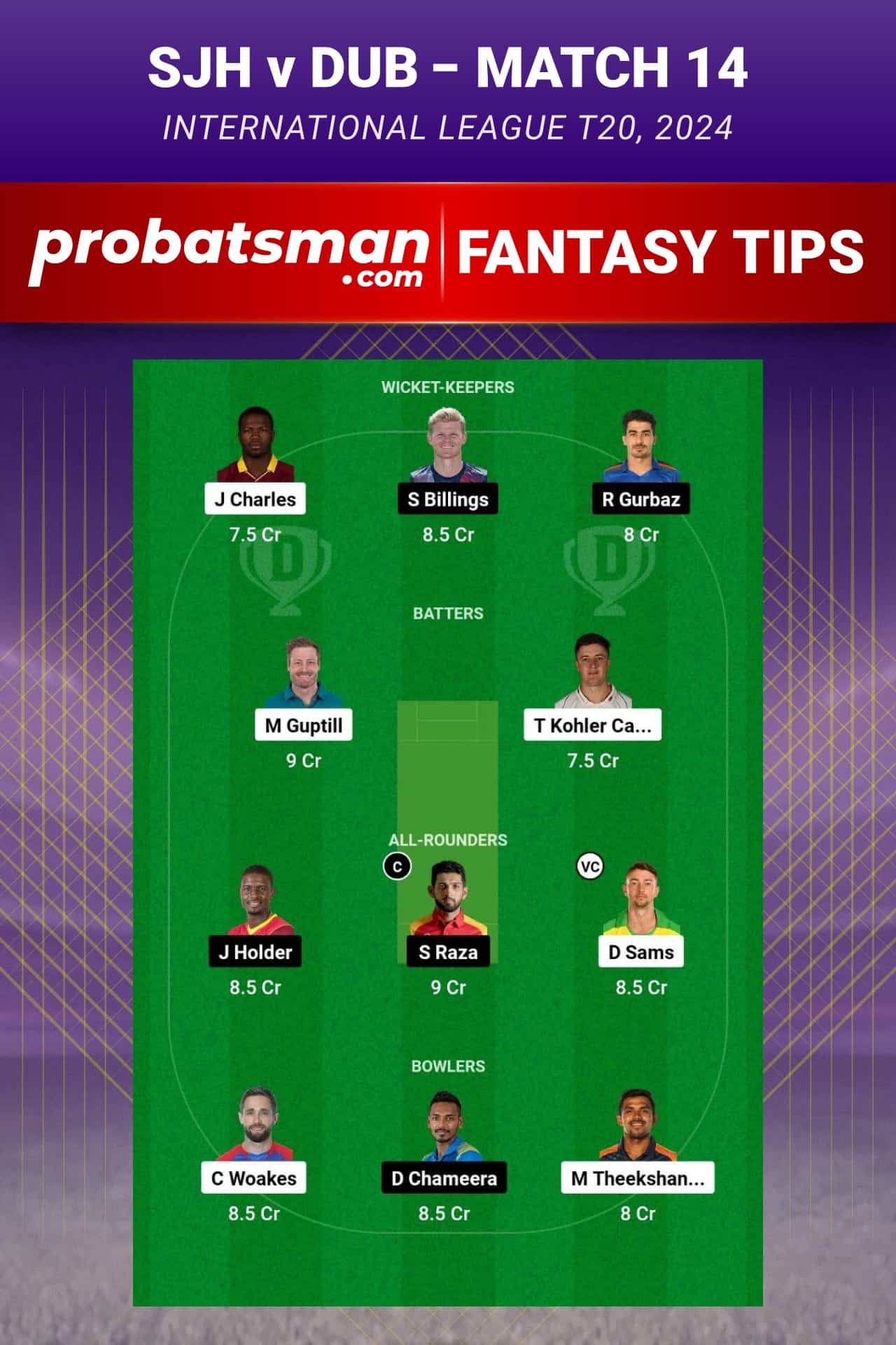 SJH vs DUB Dream11 Prediction - Fantasy Team 1