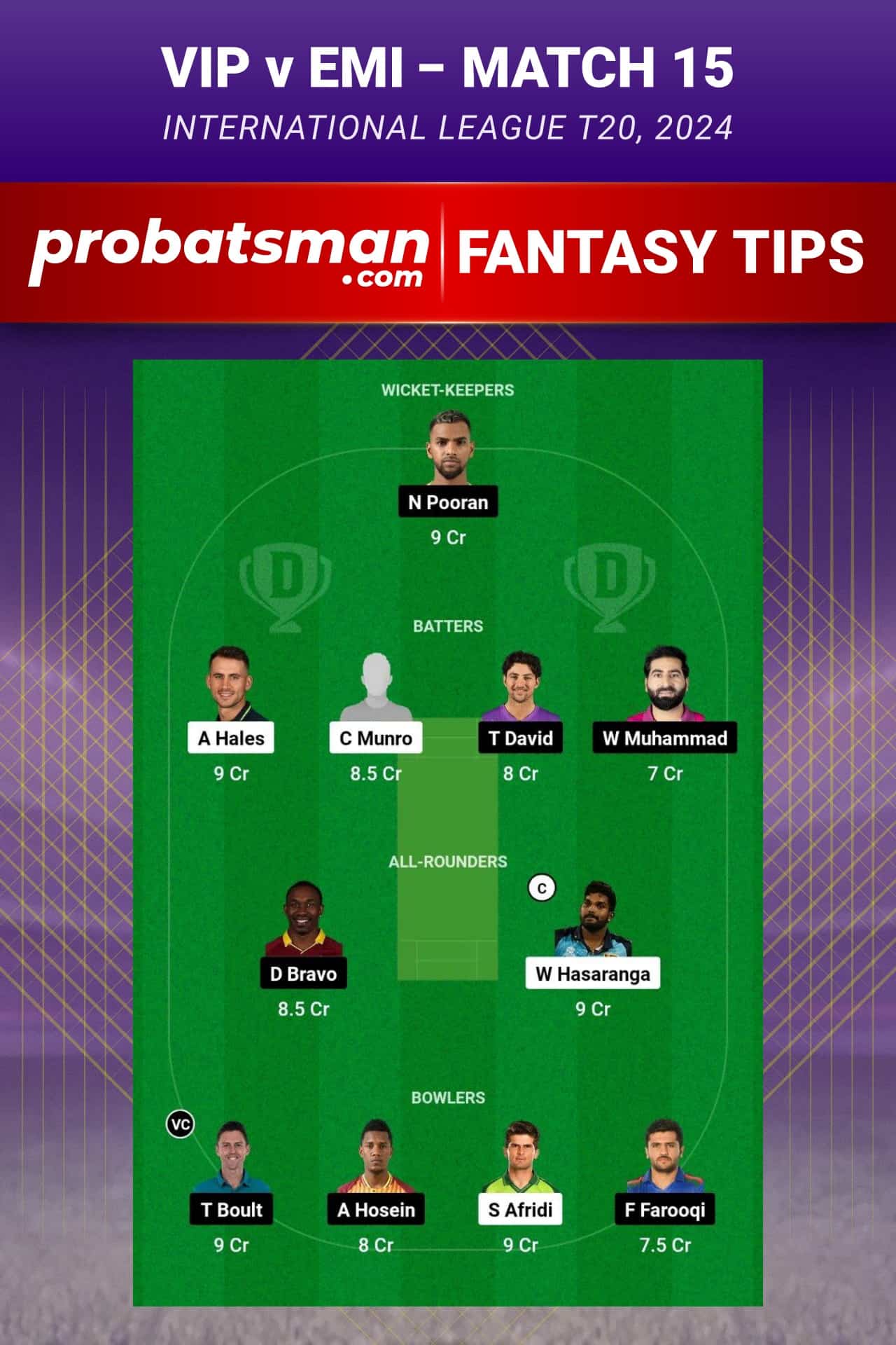 VIP vs EMI Dream11 Prediction - Fantasy Team 1