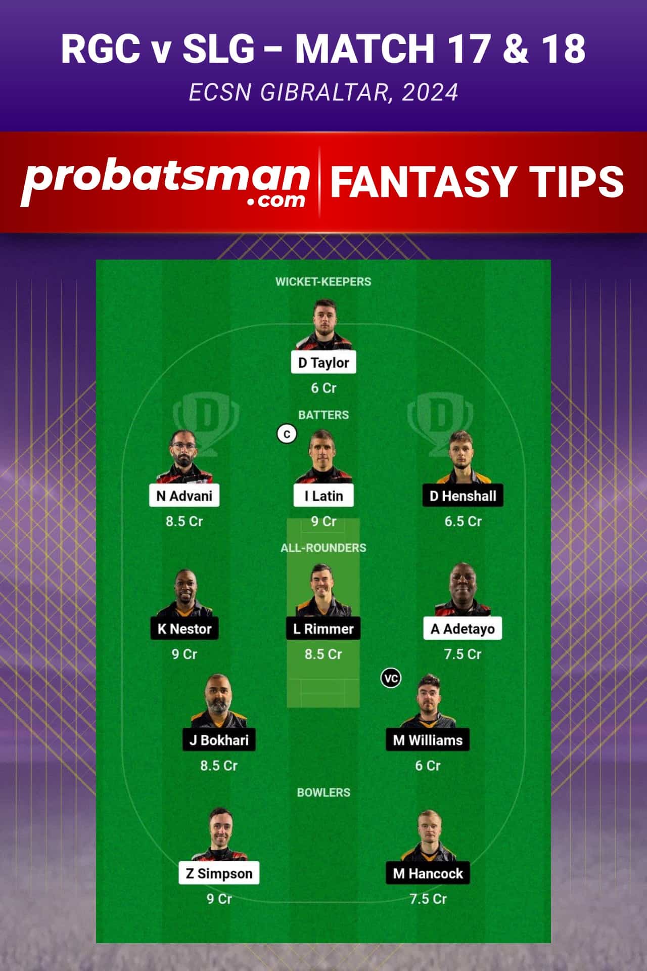 RGC vs SLG Dream11 Prediction With Stats, Pitch Report & Player Record of ECSN Gibraltar, 2024 For Match Match 17 & 18