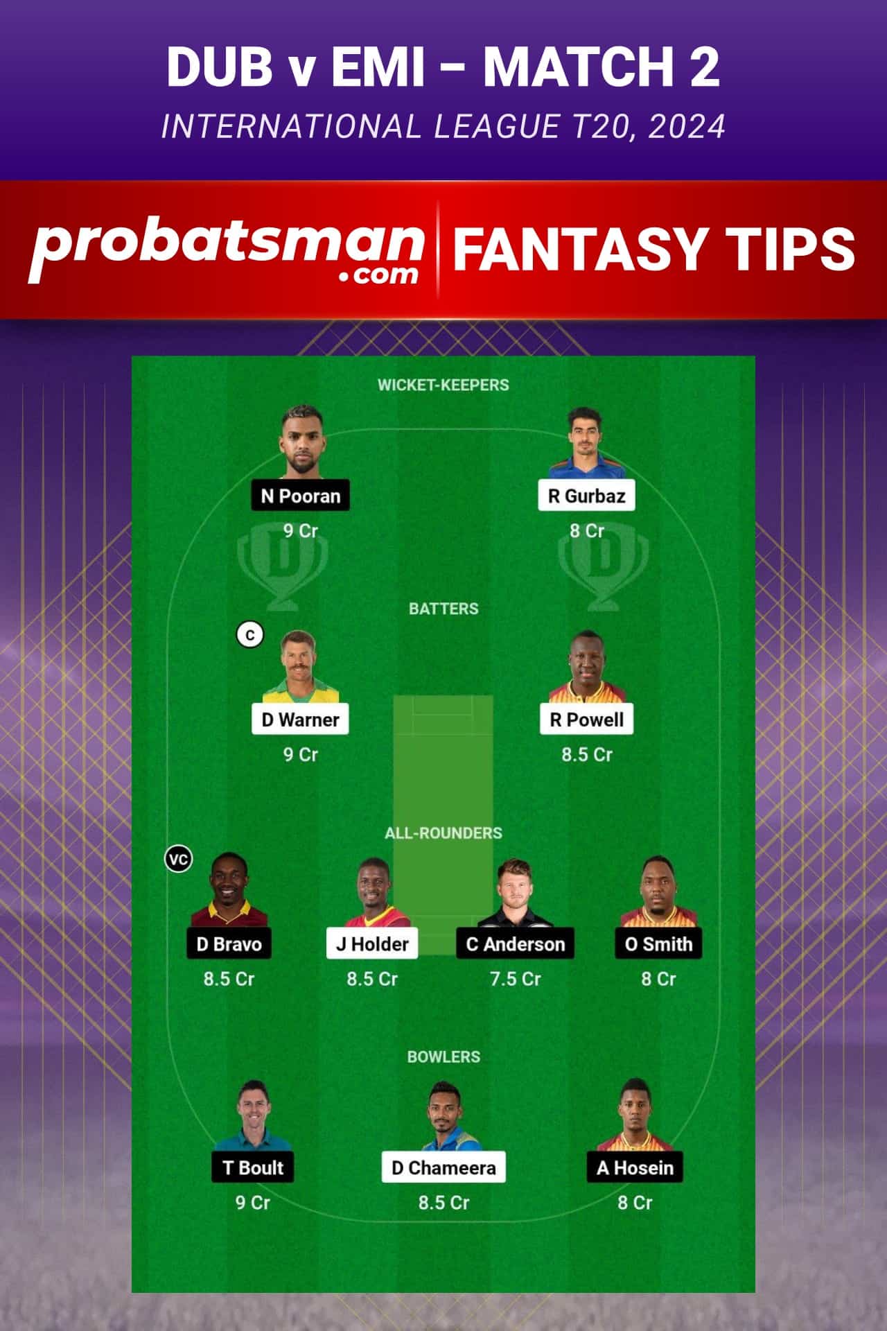 DUB vs EMI Dream11 Prediction - Fantasy Team 1