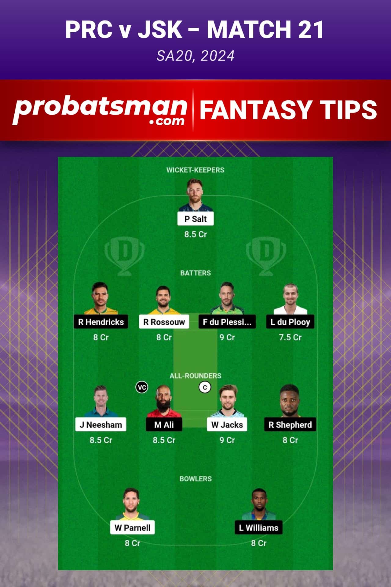 PRC vs JSK Dream11 Prediction - Fantasy Team 1