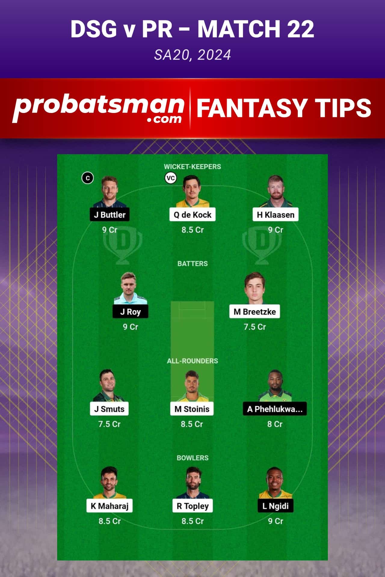 DSG vs PR Dream11 Prediction - Fantasy Team 1