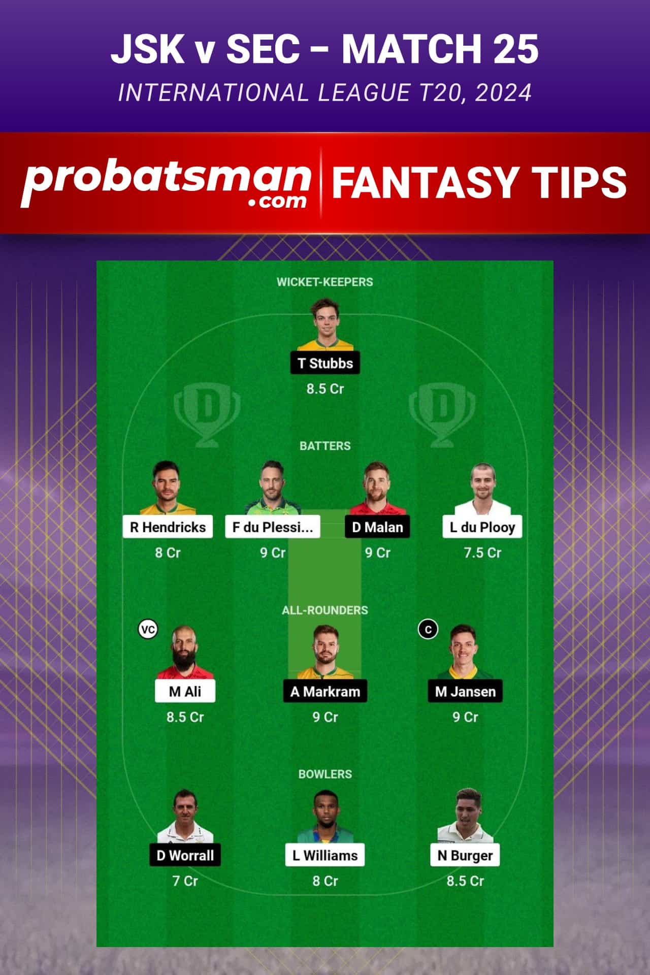 JSK vs SEC Dream11 Prediction - Fantasy Team 1