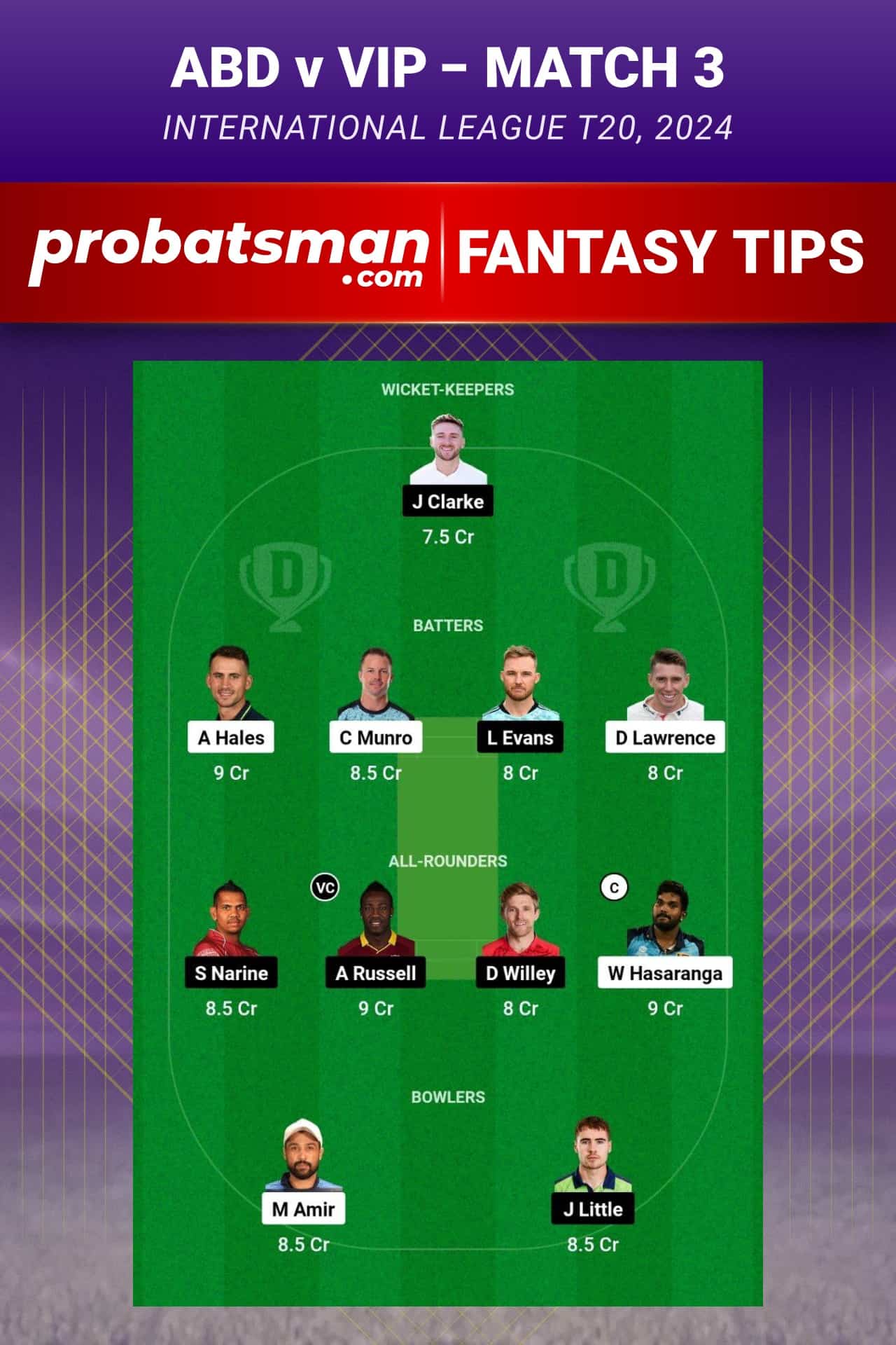 ABD vs VIP Dream11 Prediction - Fantasy Team 1