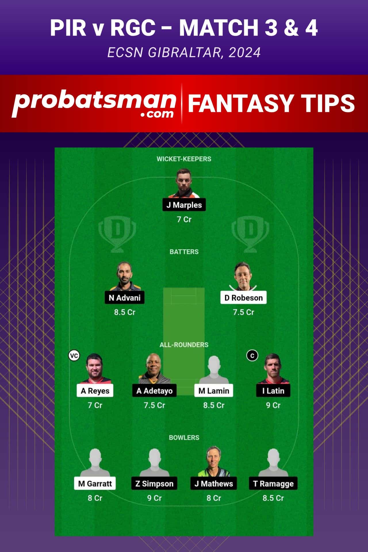 PIR vs RGC Dream11 Prediction - Fantasy Team 1