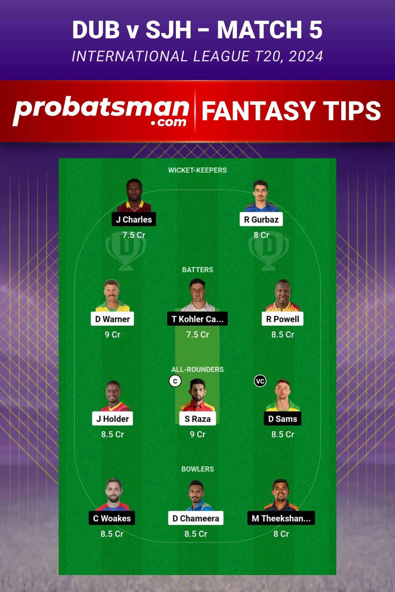 DUB vs SJH Dream11 Prediction - Fantasy Team 1