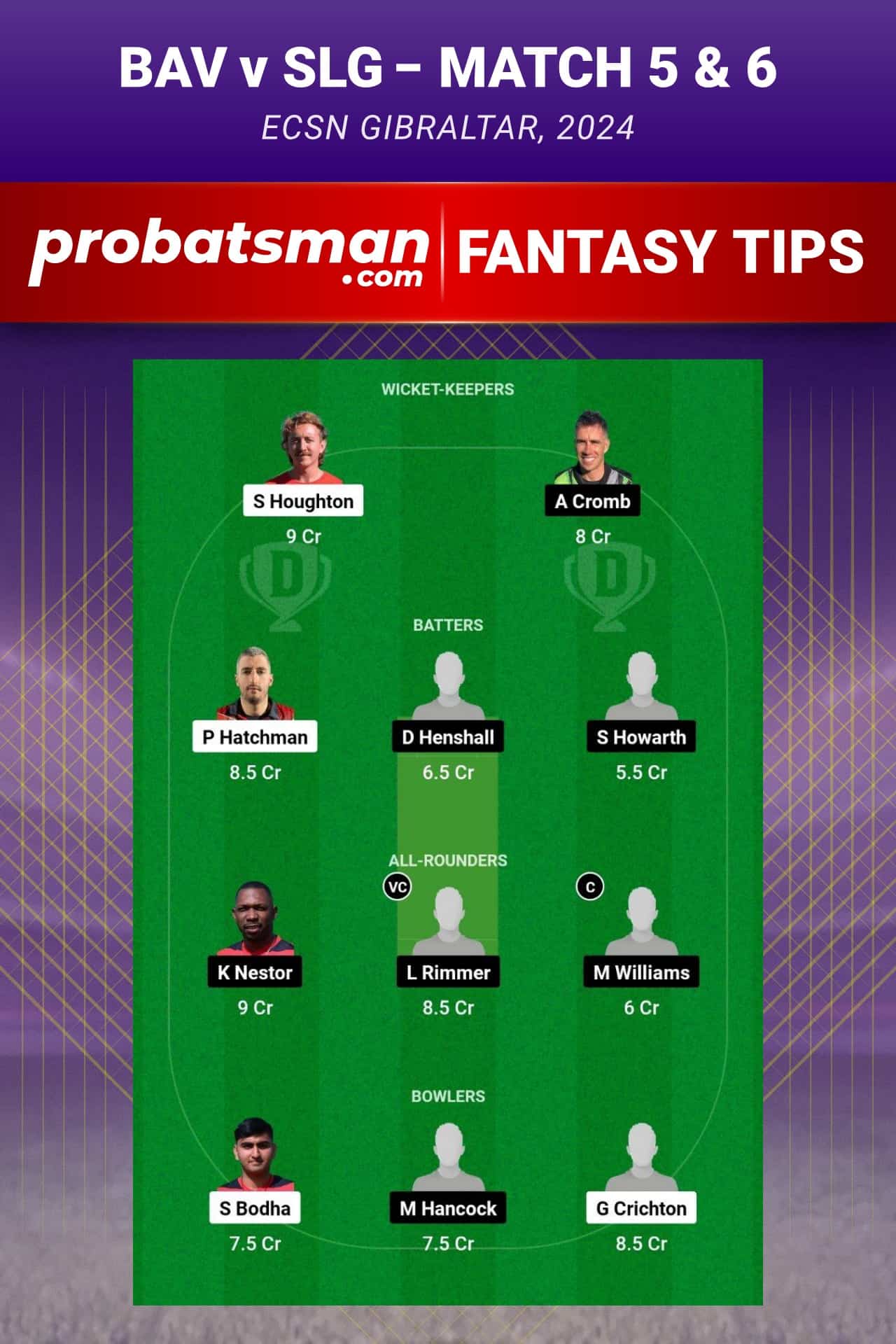 BAV vs SLG Dream11 Prediction - Fantasy Team 1