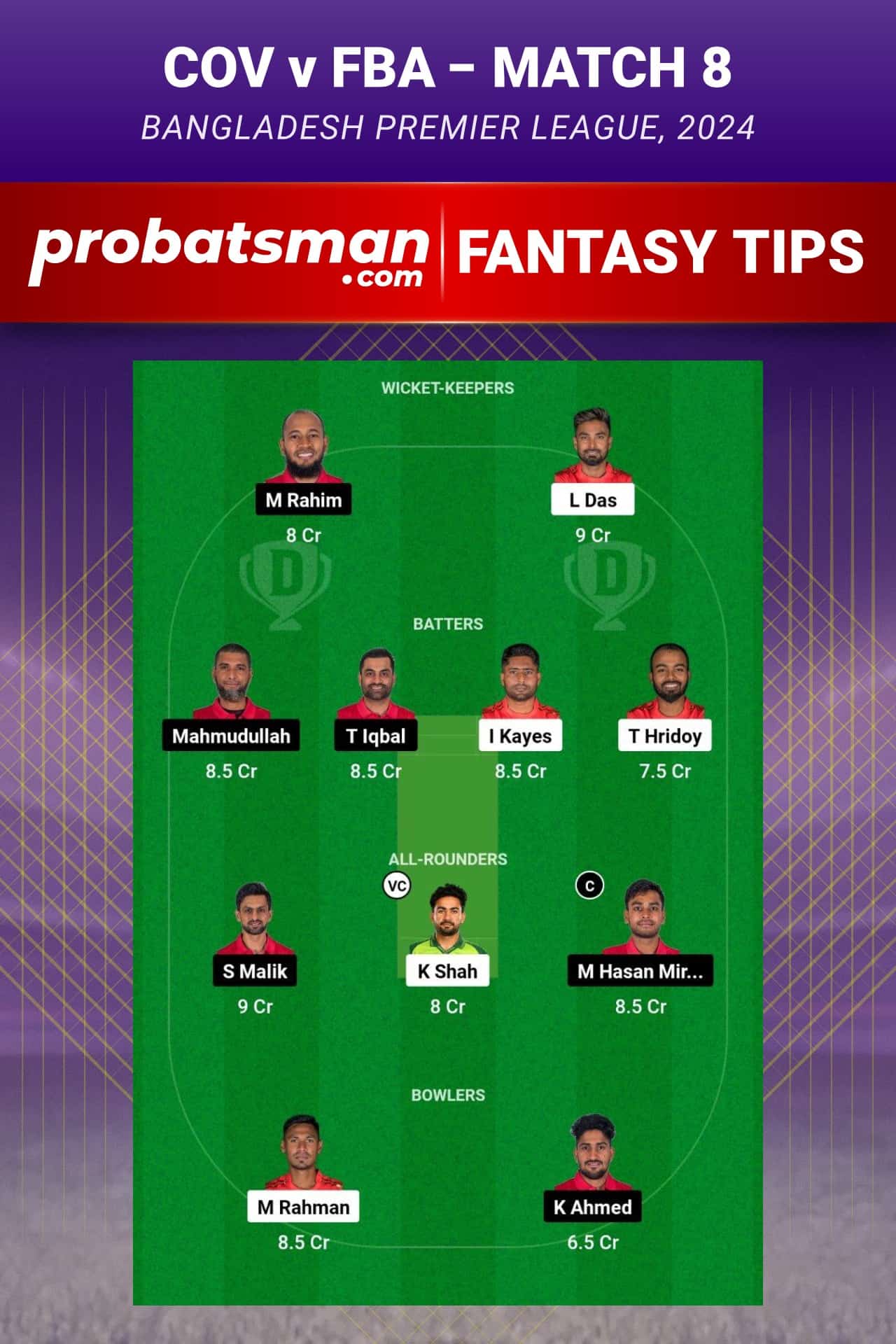 COV vs FBA Dream11 Prediction - Fantasy Team 1
