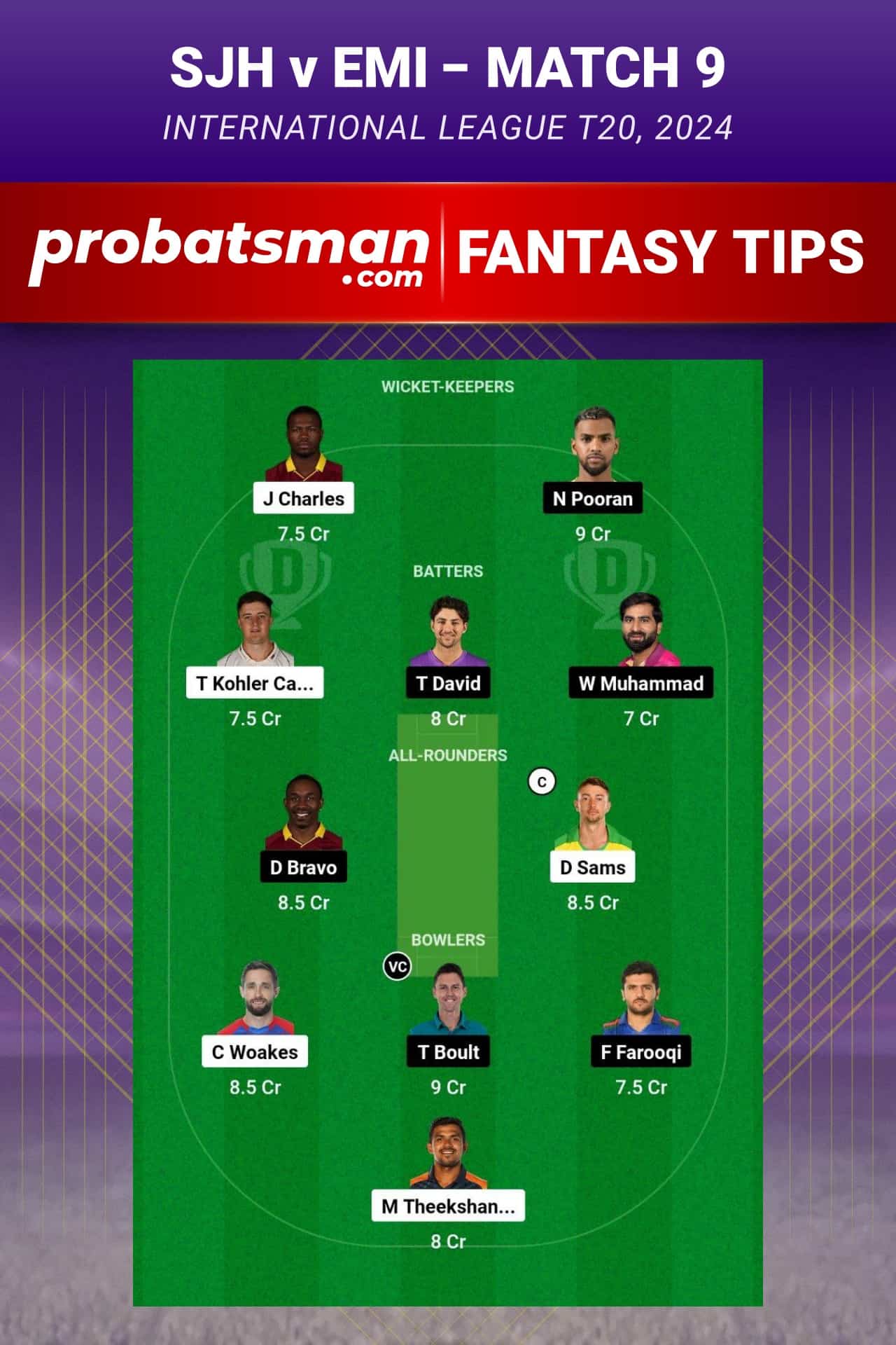 SJH vs EMI Dream11 Prediction - Fantasy Team 1