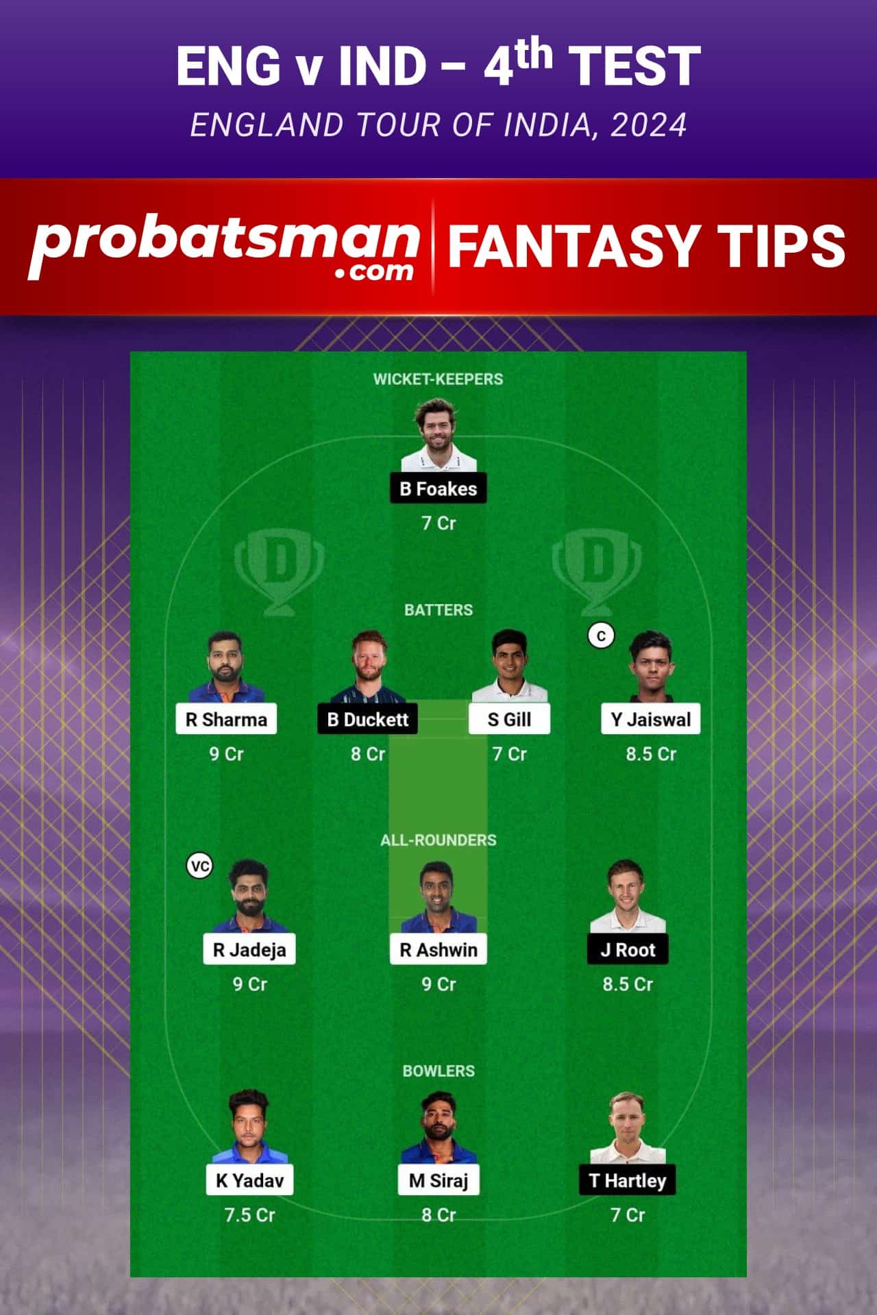 IND vs ENG Dream11 Prediction - Fantasy Team 1