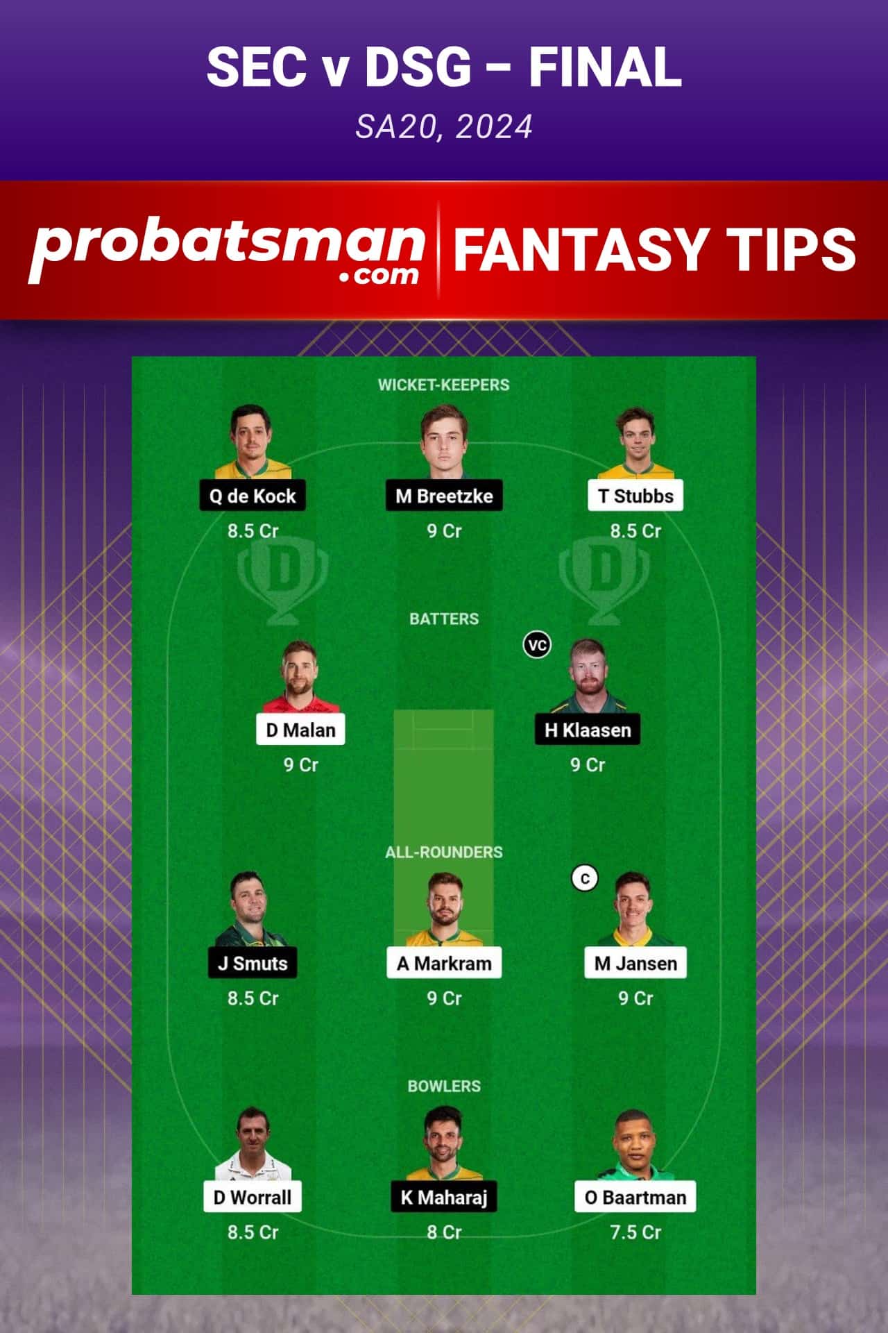 SEC vs DSG Dream11 Prediction - Fantasy Team 1