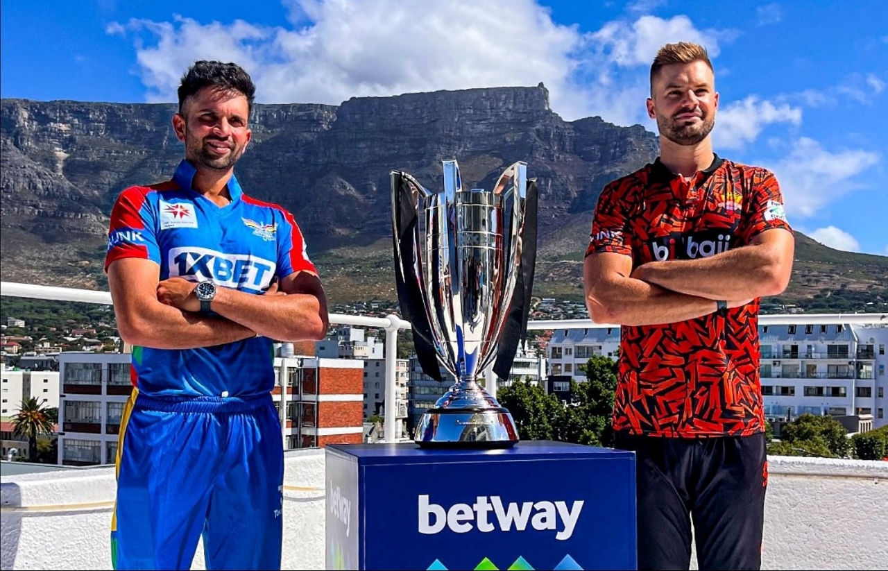 Keshav Maharaj of Durban Super Giants and Aiden Markram of Sunrisers Eastern Cape with SA20 Trophy before Final of 2024 edition of SA20 league