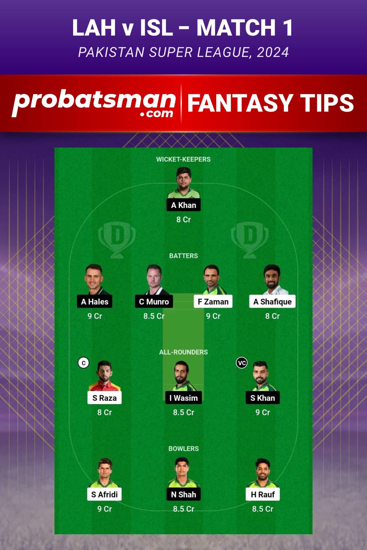 LAH vs ISL Dream11 Prediction - Fantasy Team 1