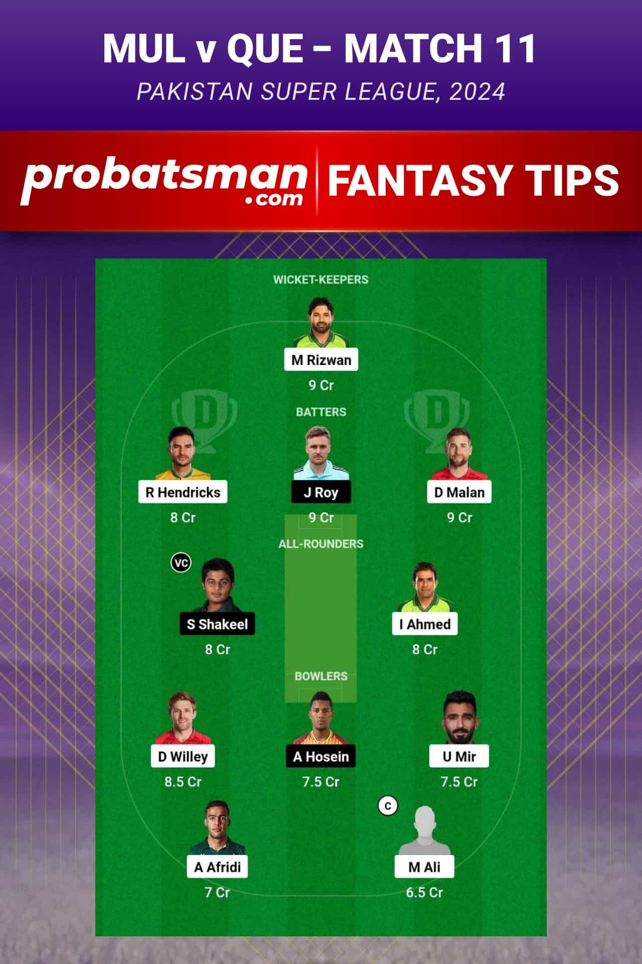 MUL vs QUE Dream11 Prediction - Fantasy Team 2