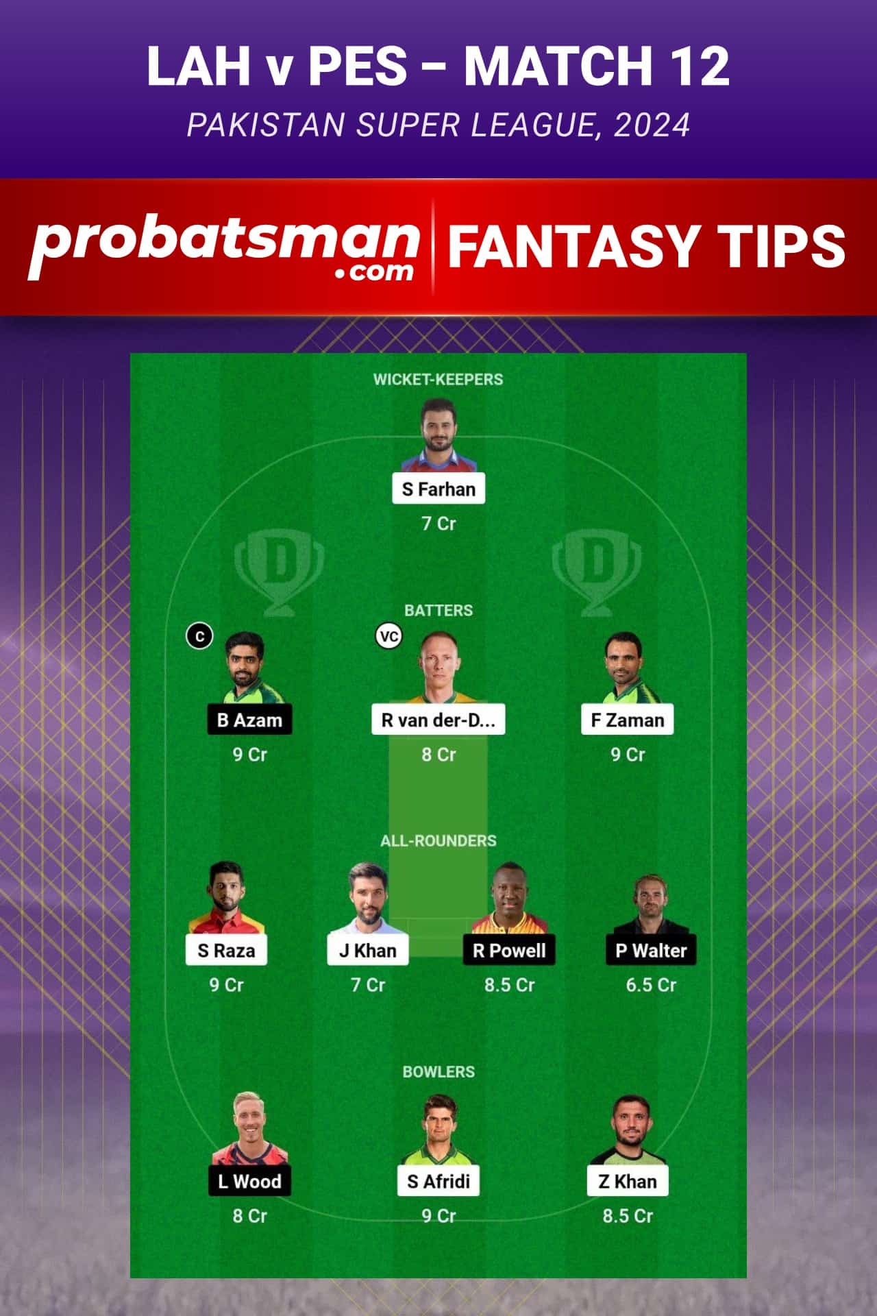 LAH vs PES Dream11 Prediction - Fantasy Team 1