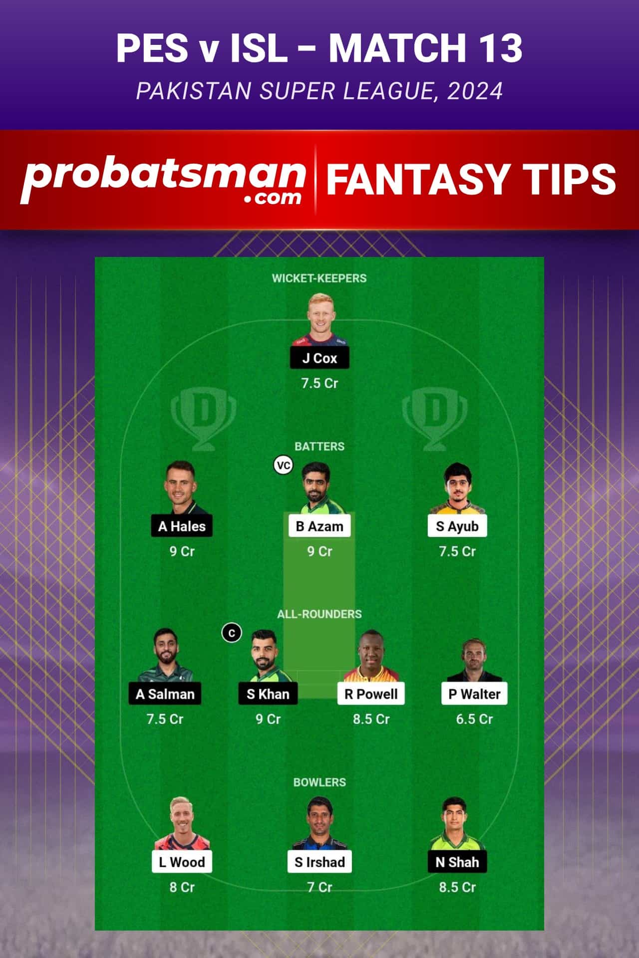 PES vs ISL Dream11 Prediction - Fantasy Team 1