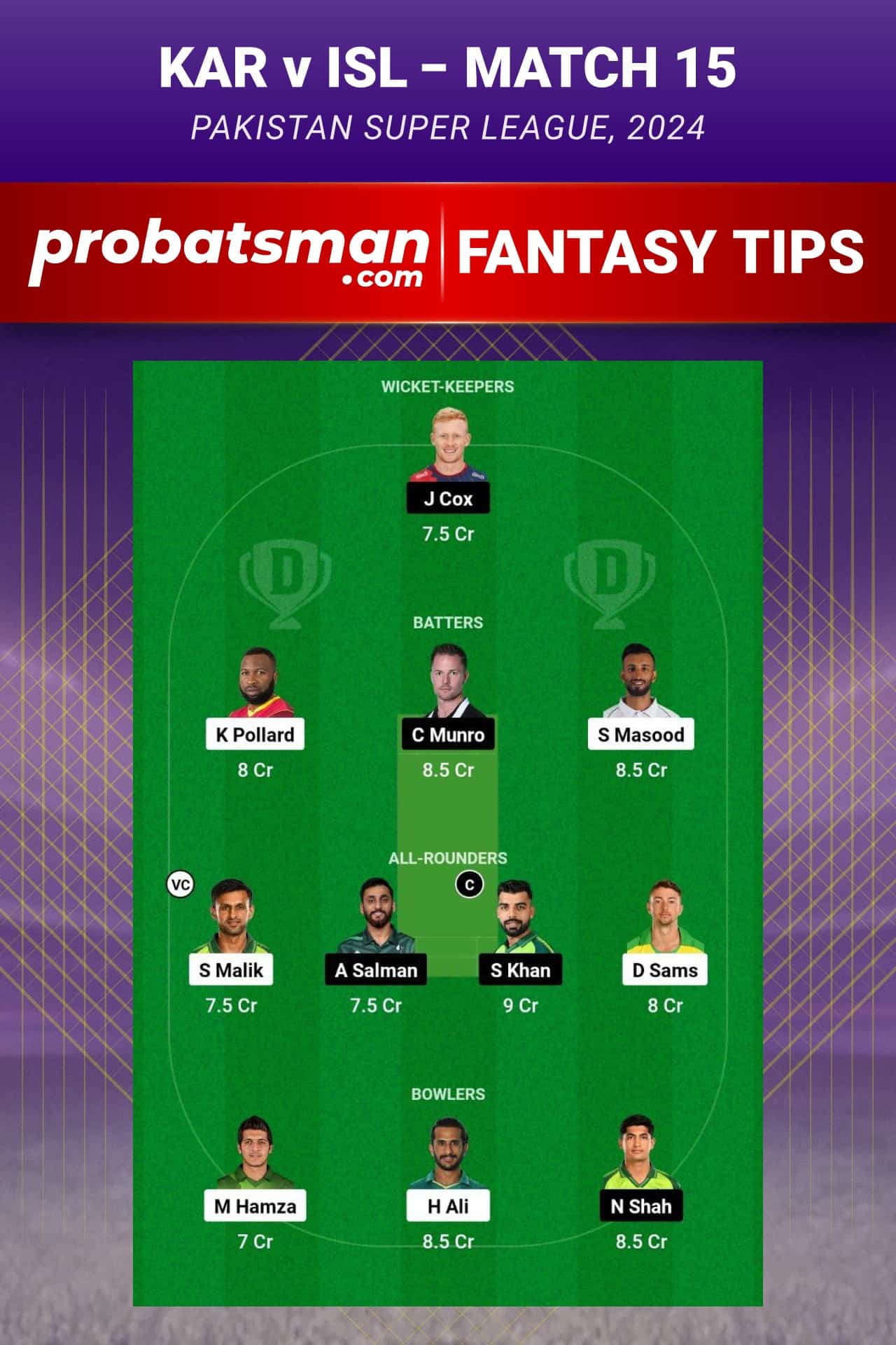 KAR vs ISL Dream11 Prediction - Fantasy Team 1