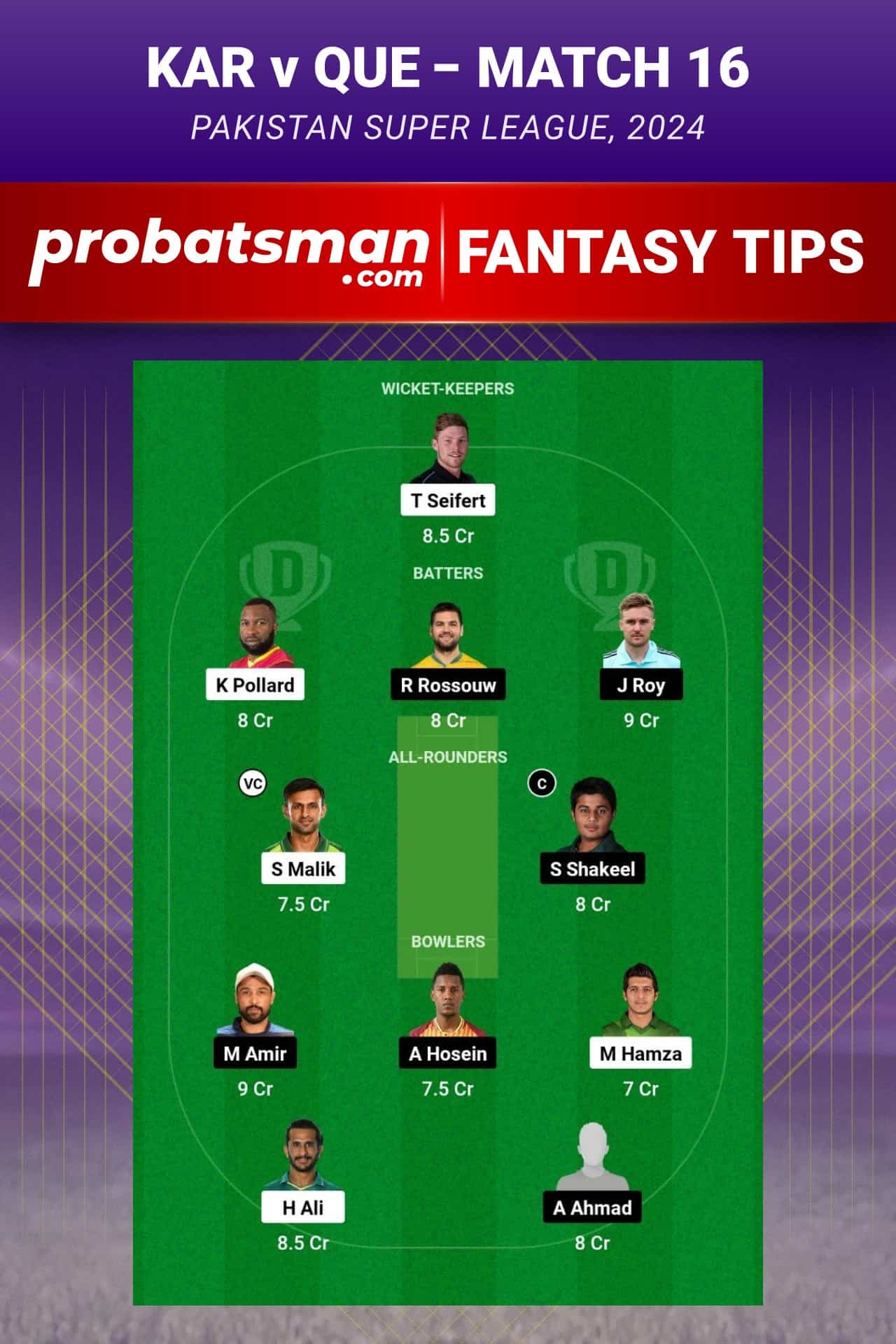 KAR vs QUE Dream11 Prediction - Fantasy Team 1