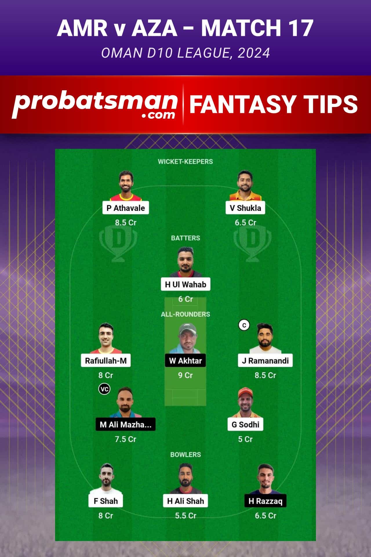 AMR vs AZA Dream11 Prediction - Fantasy Team 1