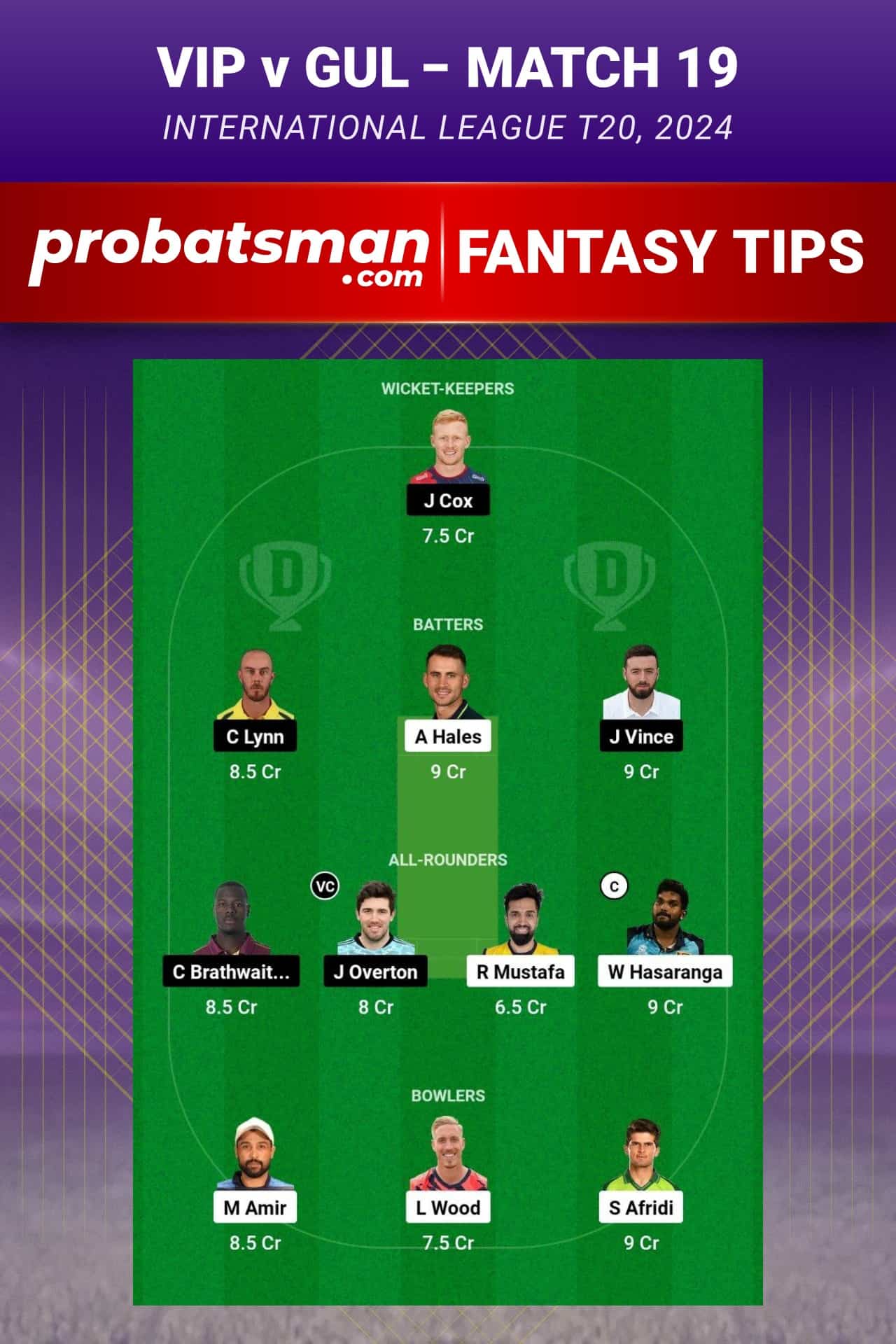 VIP vs GUL Dream11 Prediction - Fantasy Team 1