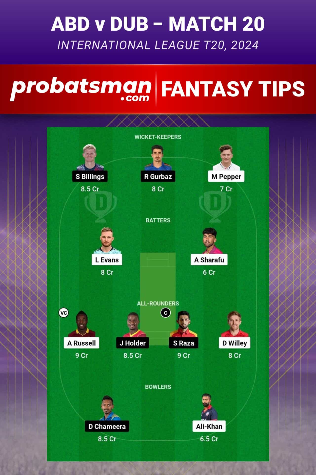 ABD vs DUB Dream11 Prediction - Fantasy Team 1