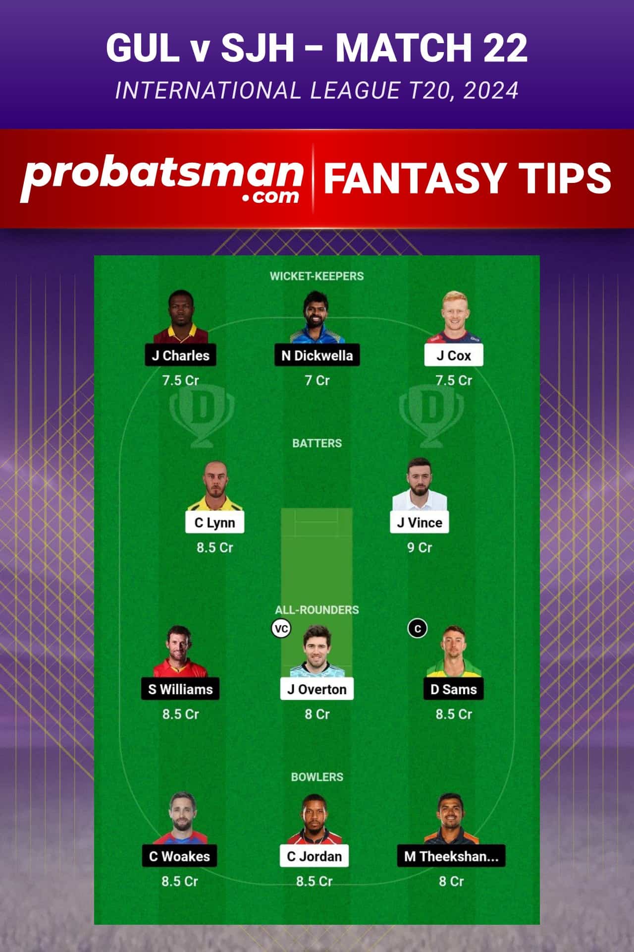 GUL vs SJH Dream11 Prediction - Fantasy Team 1