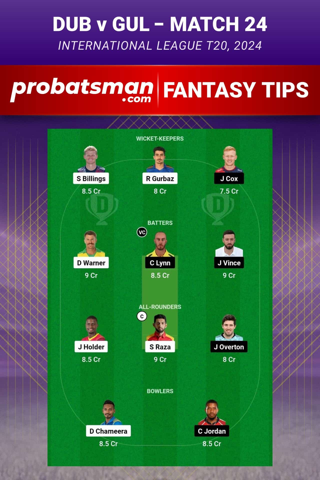 DUB vs GUL Dream11 Prediction - Fantasy Team 1