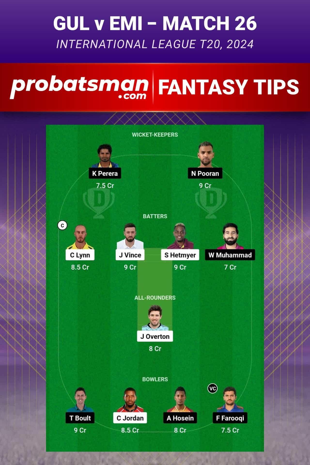 GUL vs EMI Dream11 Prediction - Fantasy Team 1