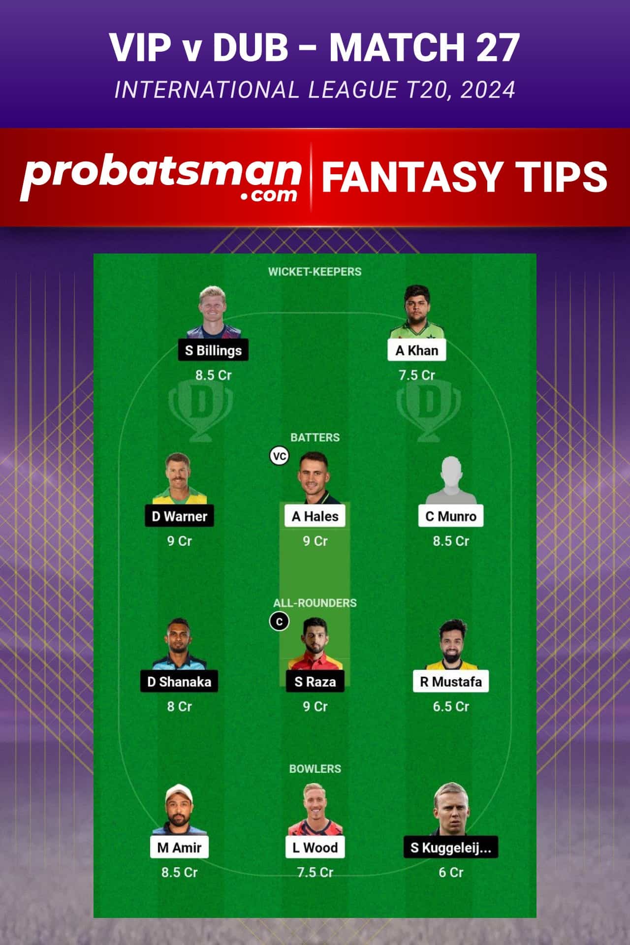 VIP vs DUB Dream11 Prediction - Fantasy Team 1