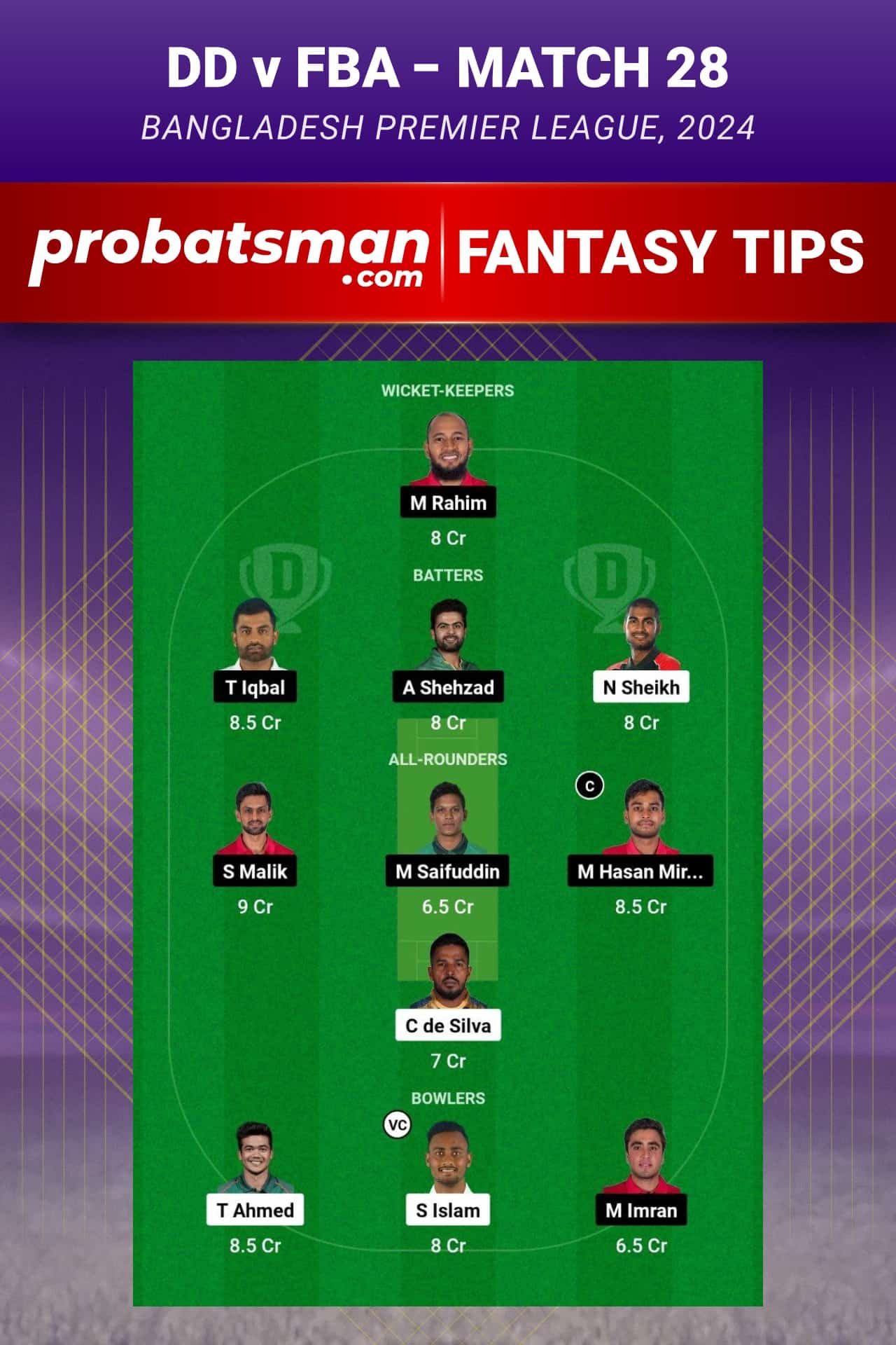 DD vs FBA Dream11 Prediction With Stats, Pitch Report & Player Record of BPL, 2024 For Match 28