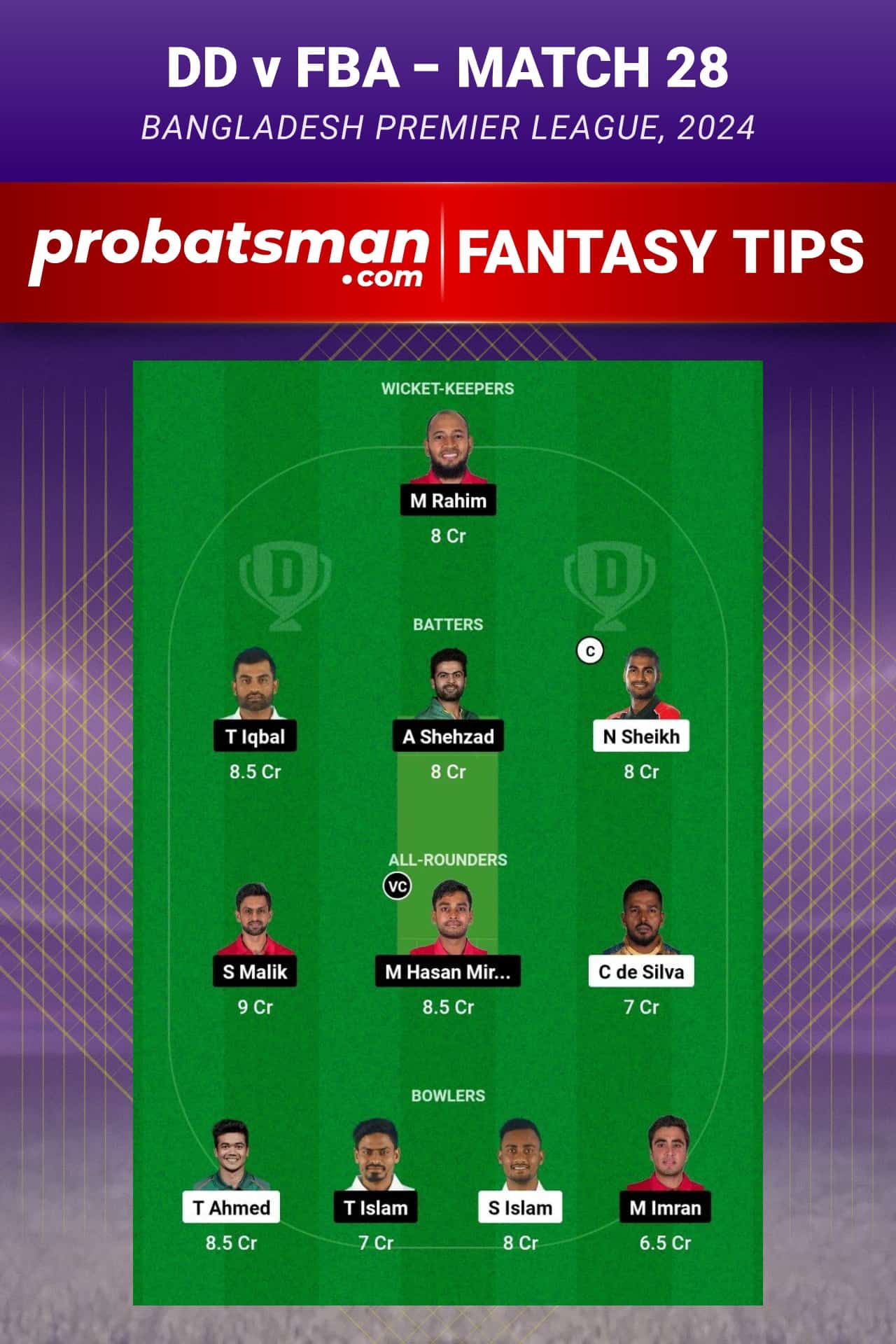 DD vs FBA Dream11 Prediction With Stats, Pitch Report & Player Record of BPL, 2024 For Match 28